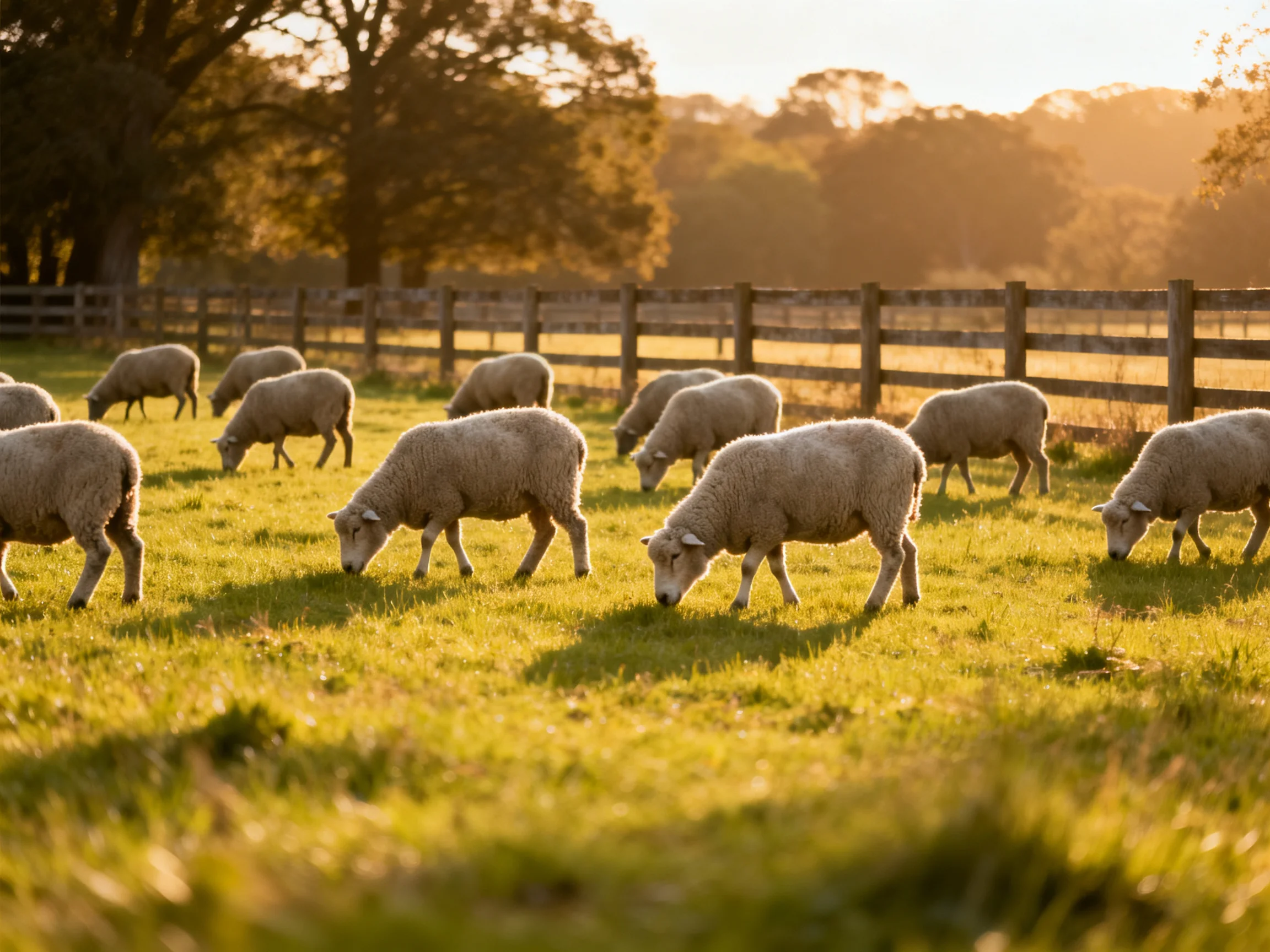 Sheep grazing in a sunlit fenced pasture with golden trees