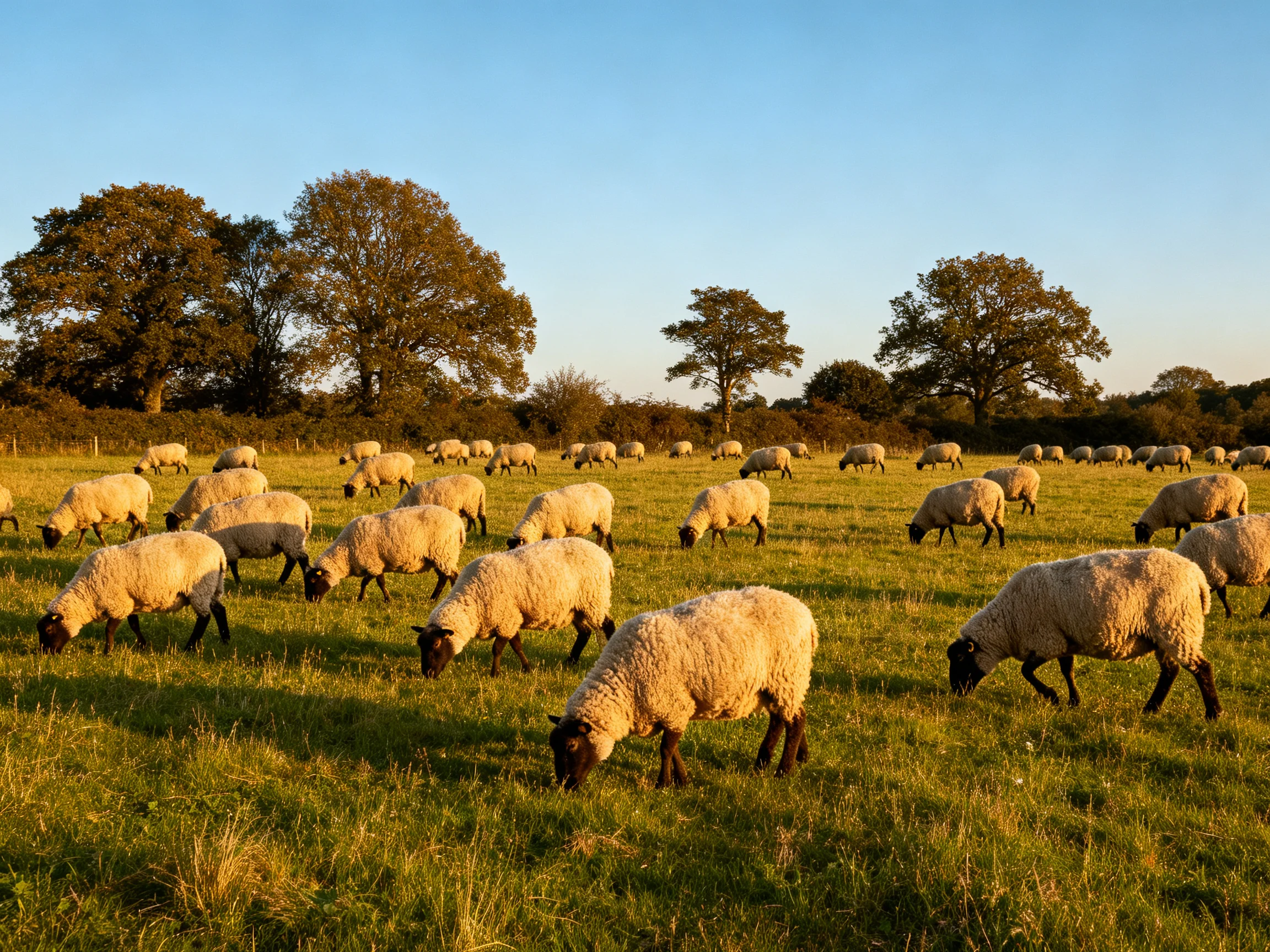 Sheep grazing in a sunlit green field near tall trees