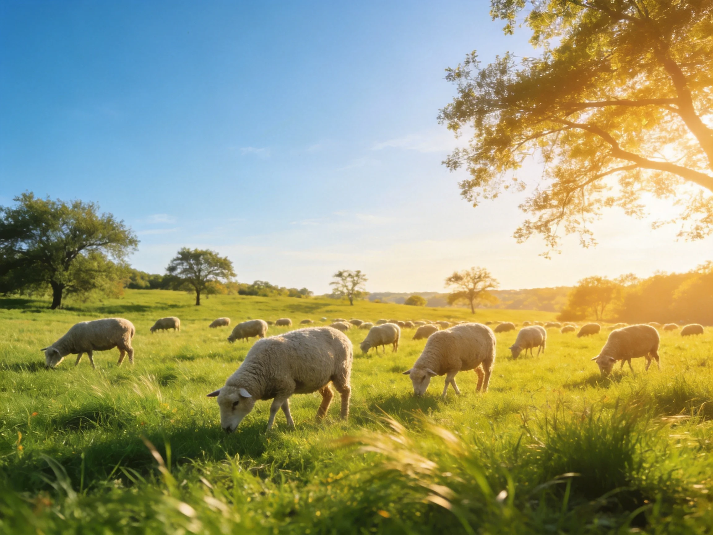 Sheep grazing in a sunlit green pasture