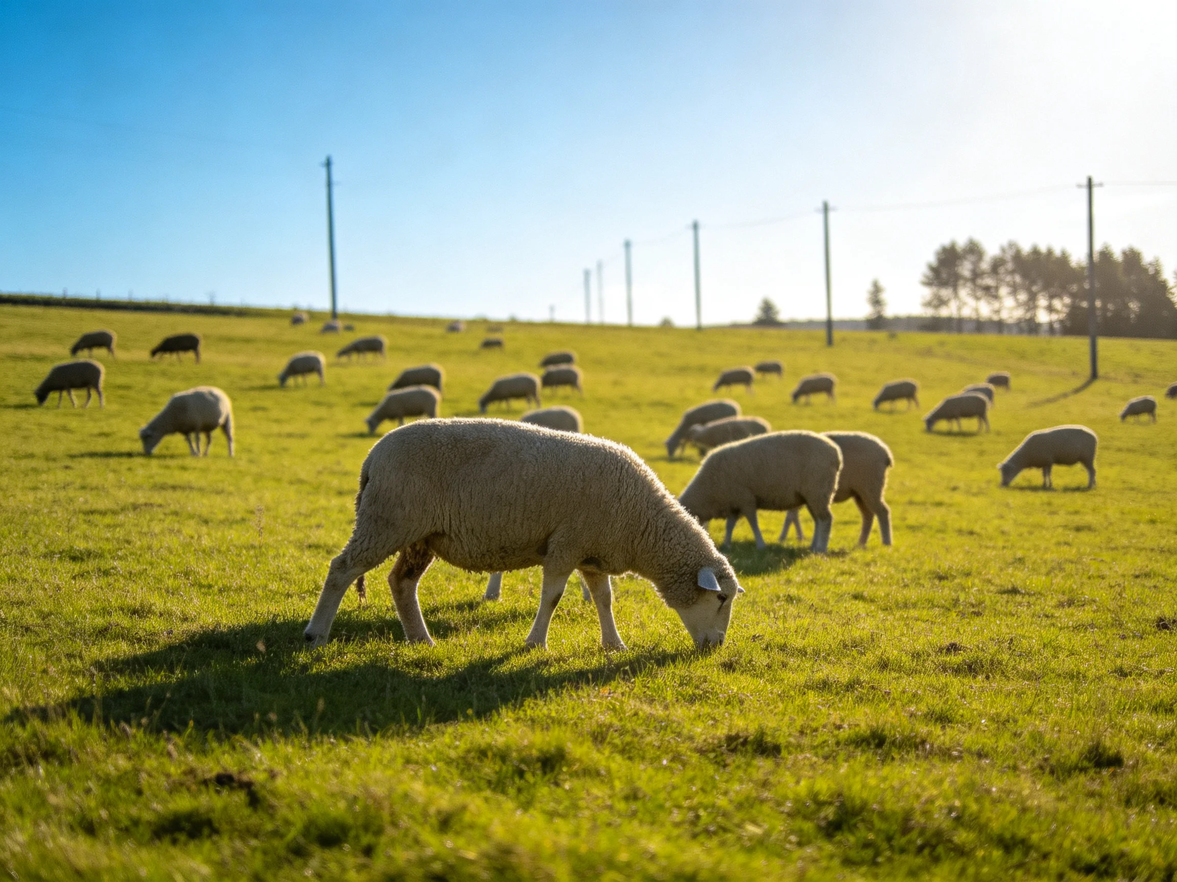 Sheep grazing in a sunlit green pasture