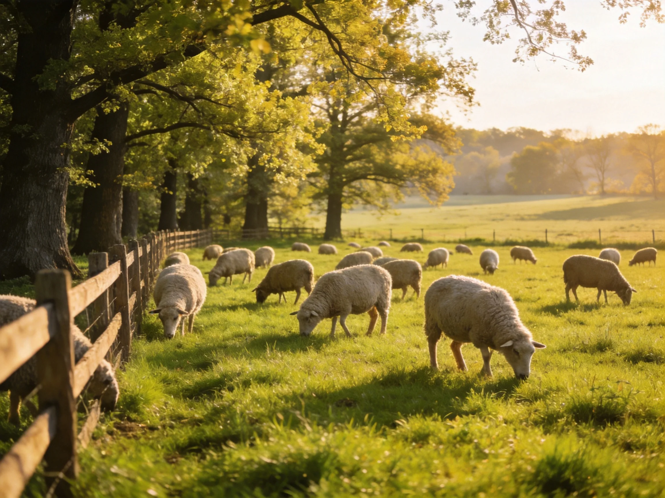 Sheep grazing in a sunlit green pasture near tall oak trees