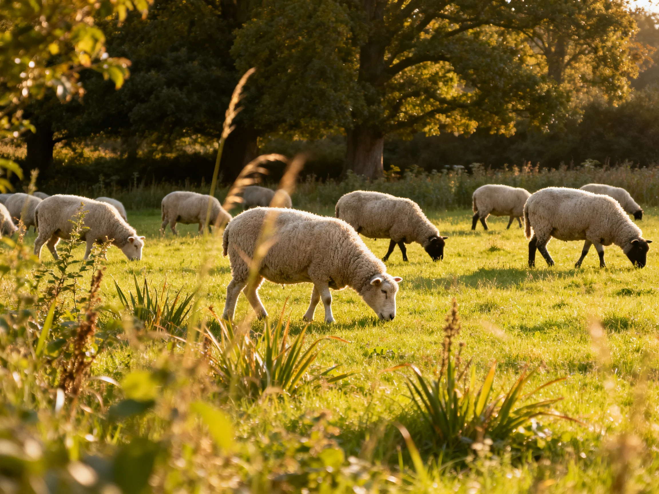 Sheep grazing in a sunlit green pasture near tall trees