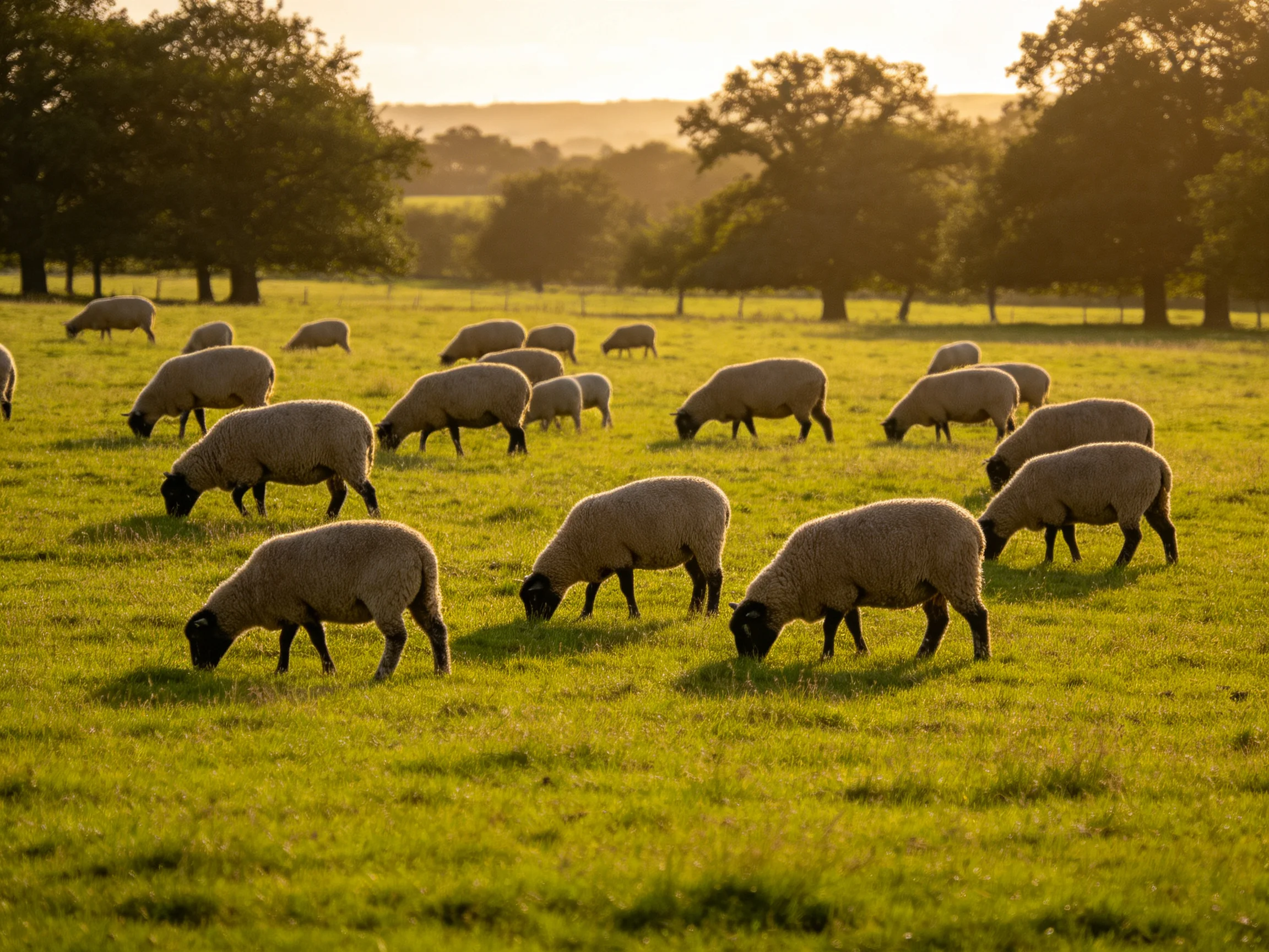 Sheep grazing in a sunlit green pasture near trees