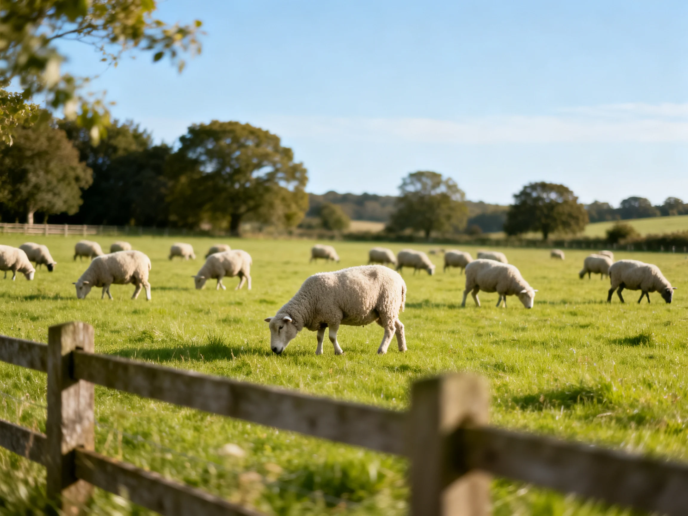 Sheep grazing in a sunlit green pasture near wooden fencing
