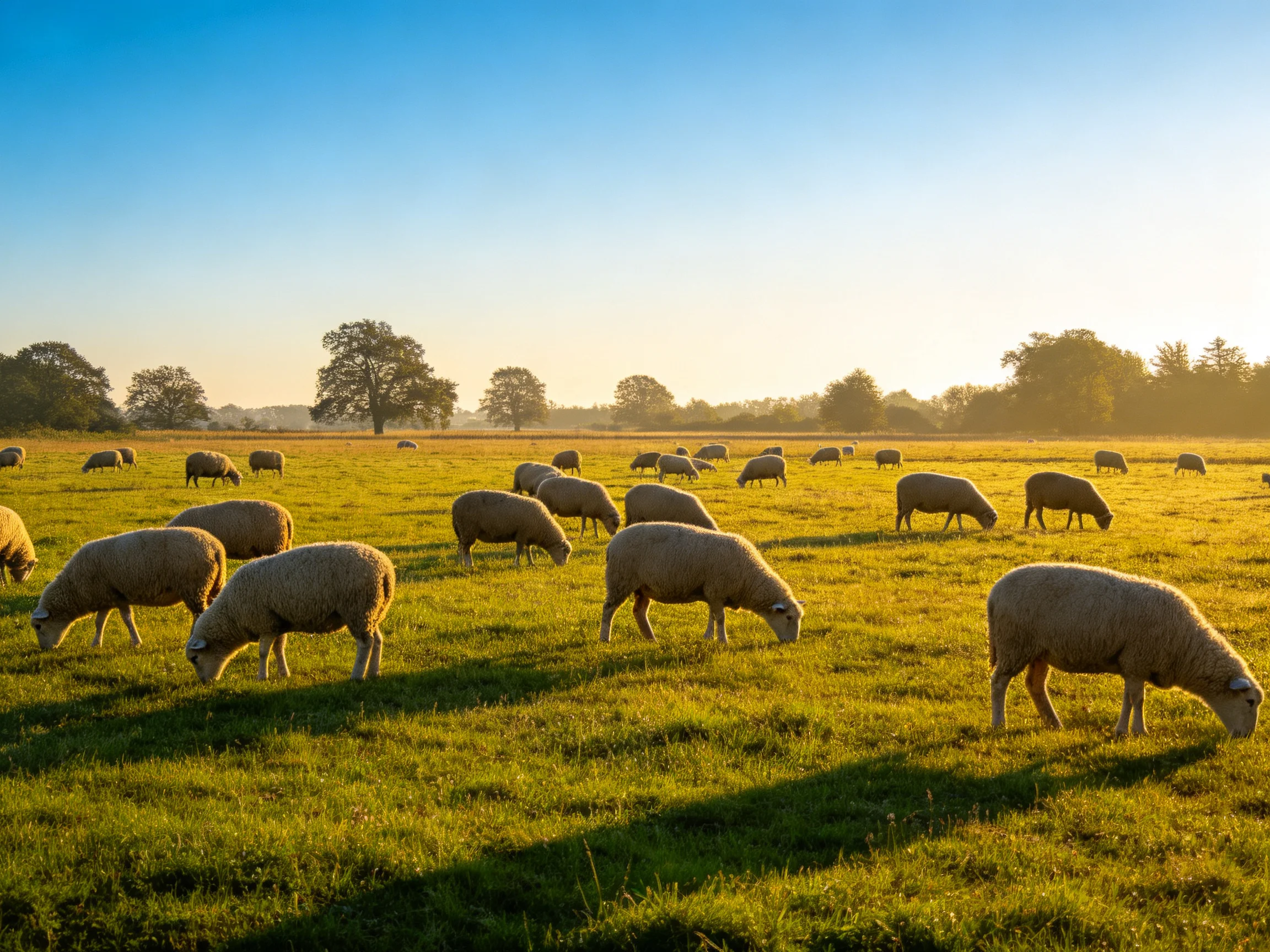 Sheep grazing in a sunlit green pasture with clear blue sky
