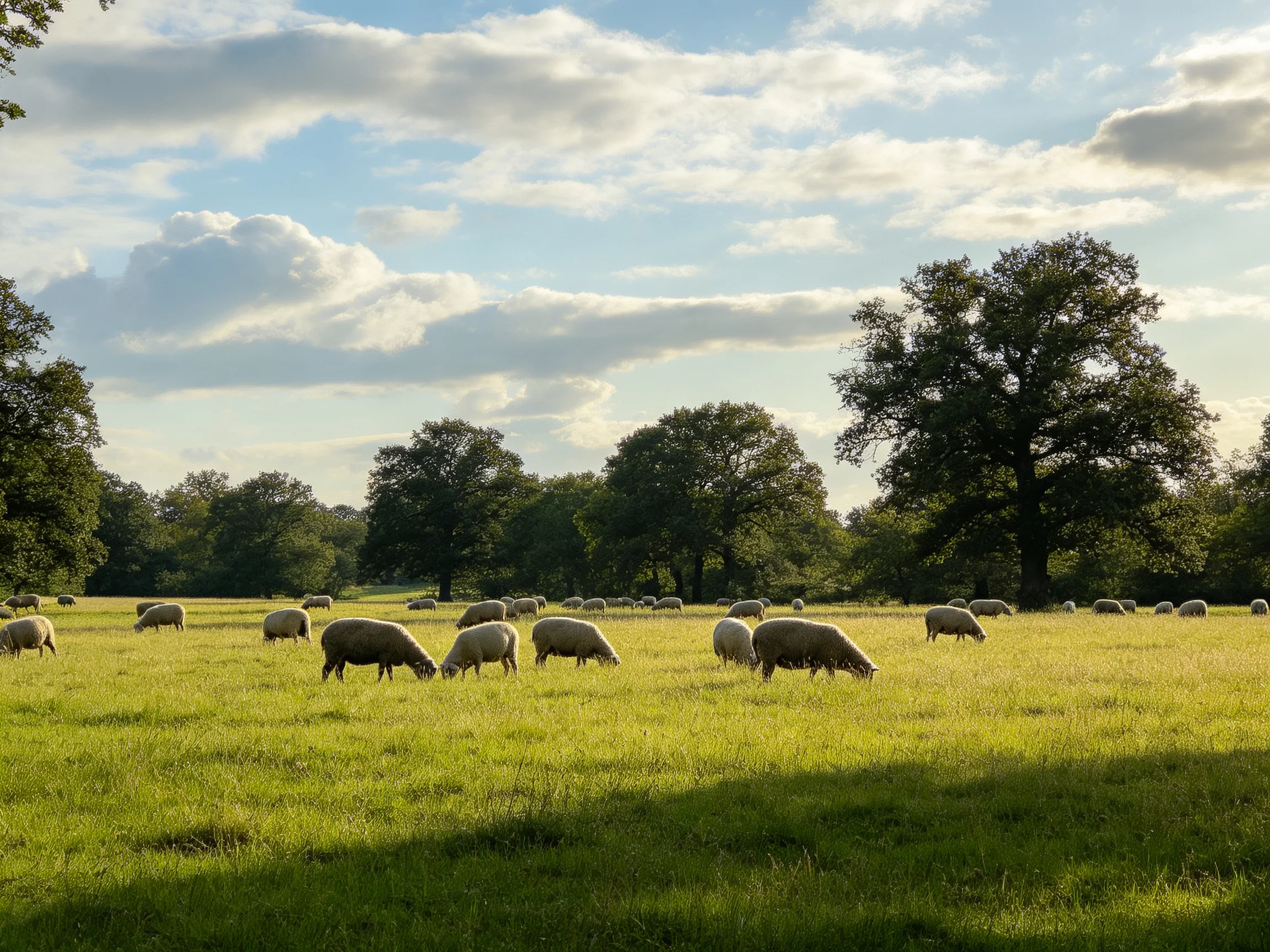 Sheep grazing in a sunlit green pasture with large trees