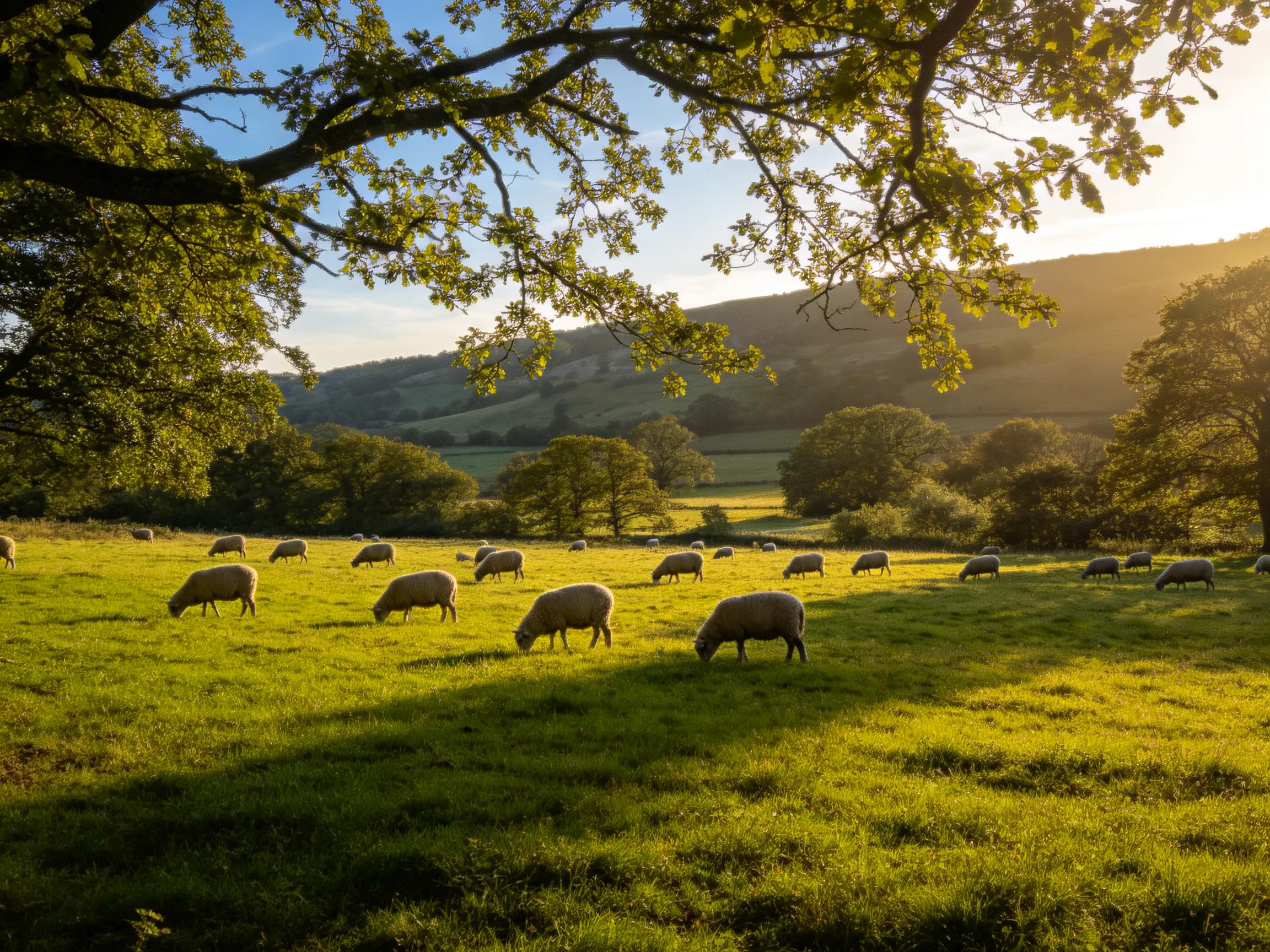 Sheep grazing in a sunlit green pasture with rolling hills