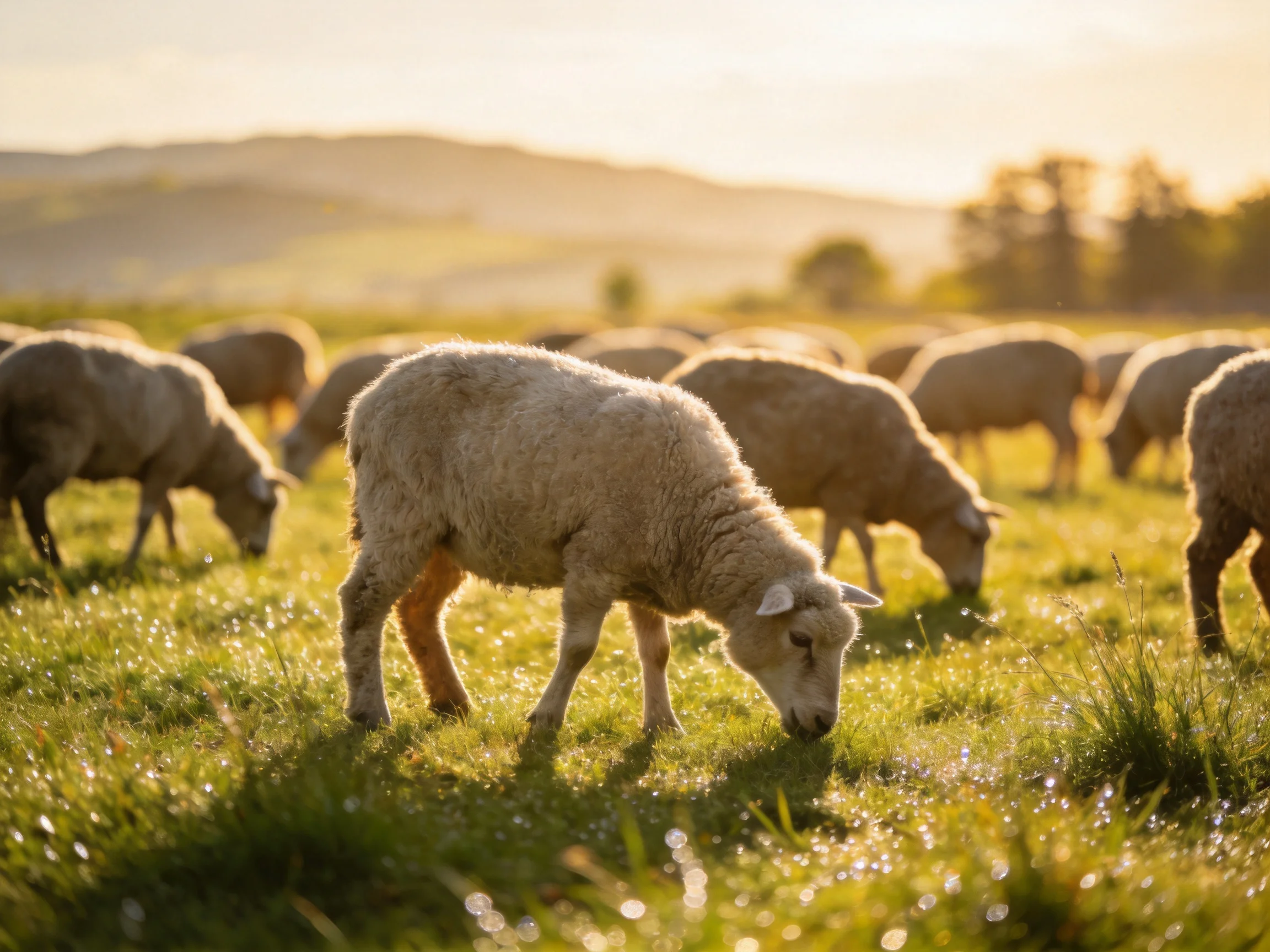 Sheep grazing in a sunlit green pasture with rolling hills