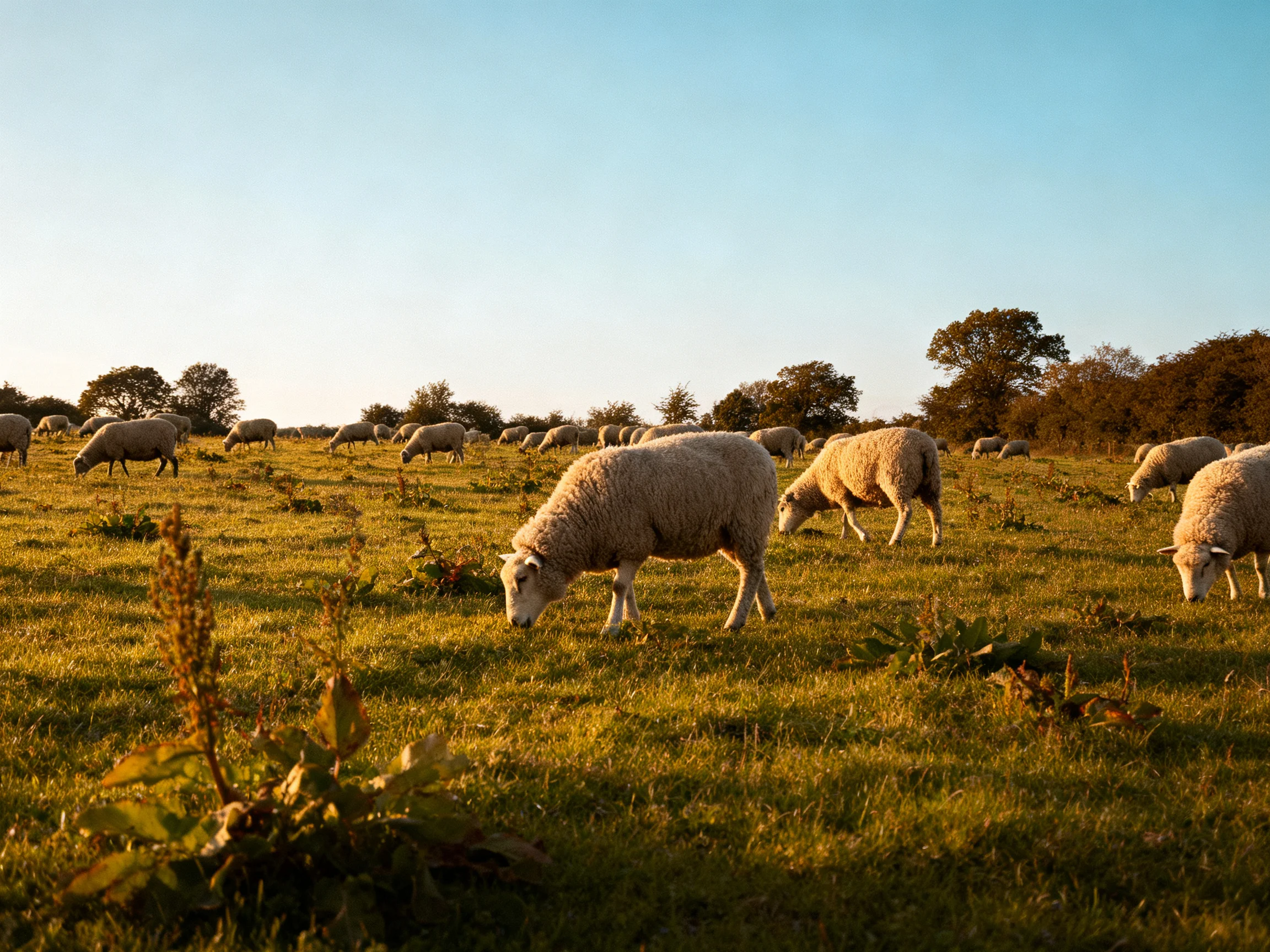 Sheep grazing in a sunlit green pasture with scattered trees
