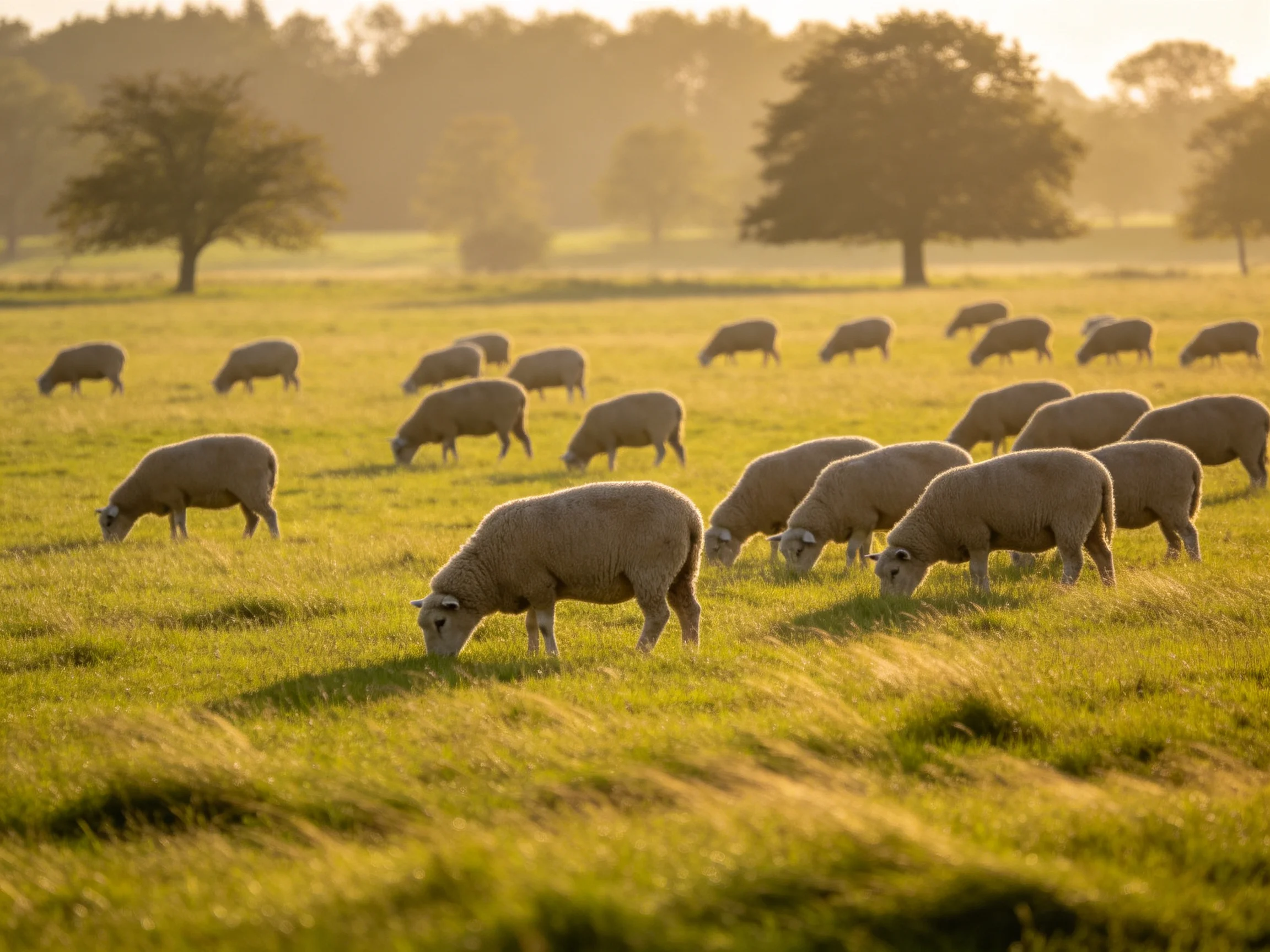 Sheep grazing in a sunlit green pasture with scattered trees