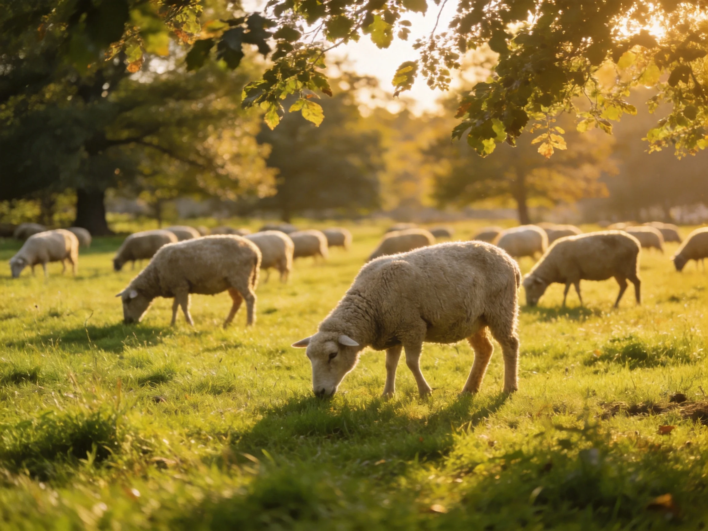 Sheep grazing in a sunlit green pasture with trees