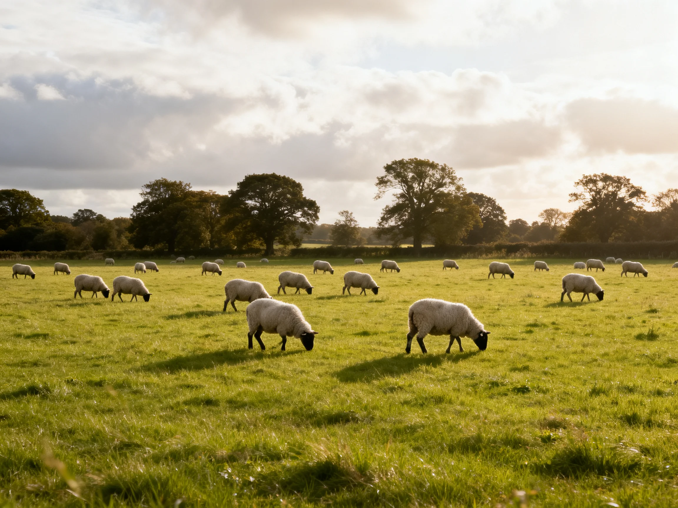 Sheep grazing in a sunlit green pasture with trees