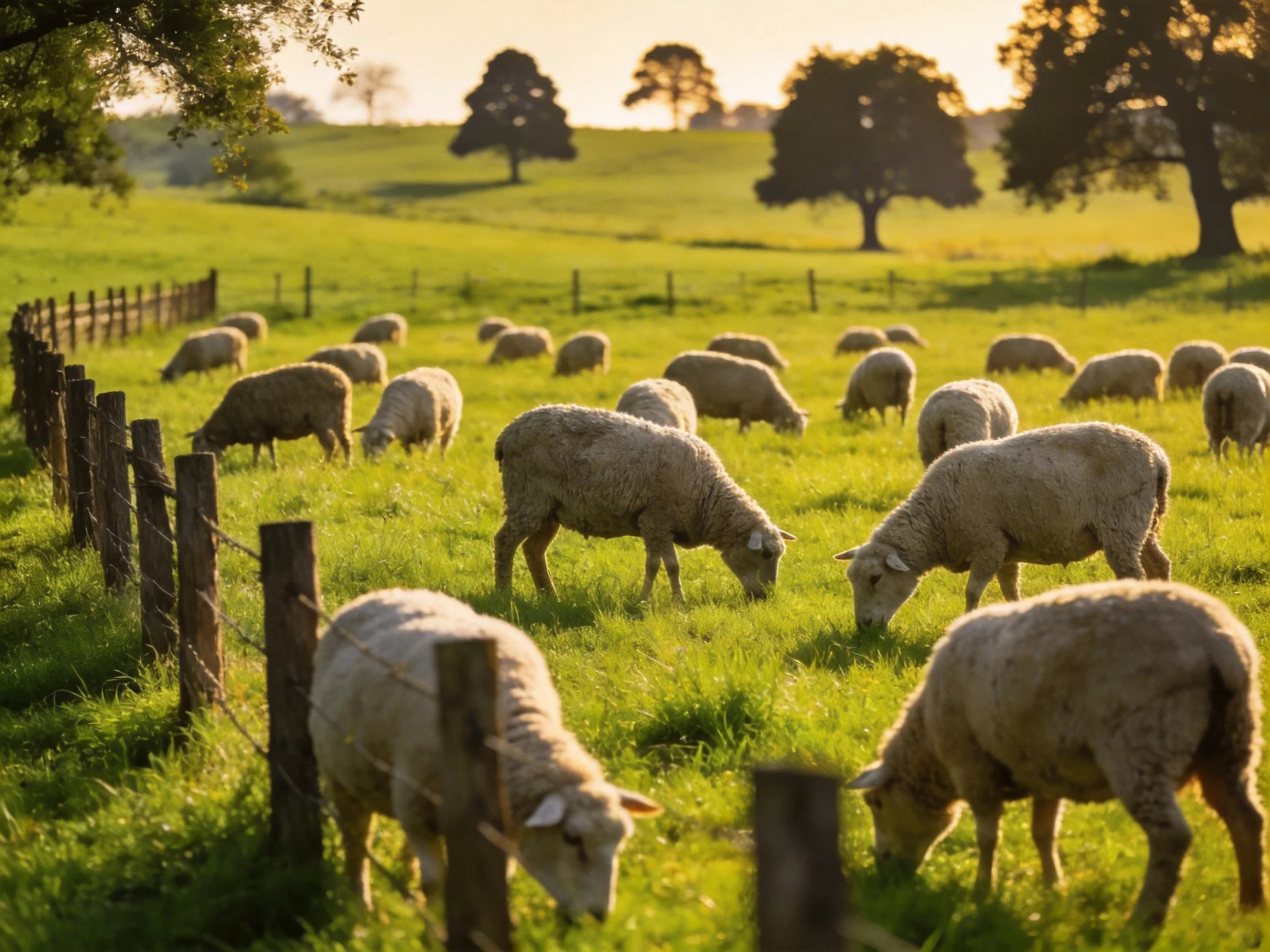 Sheep grazing in a sunlit green pasture with wooden fence