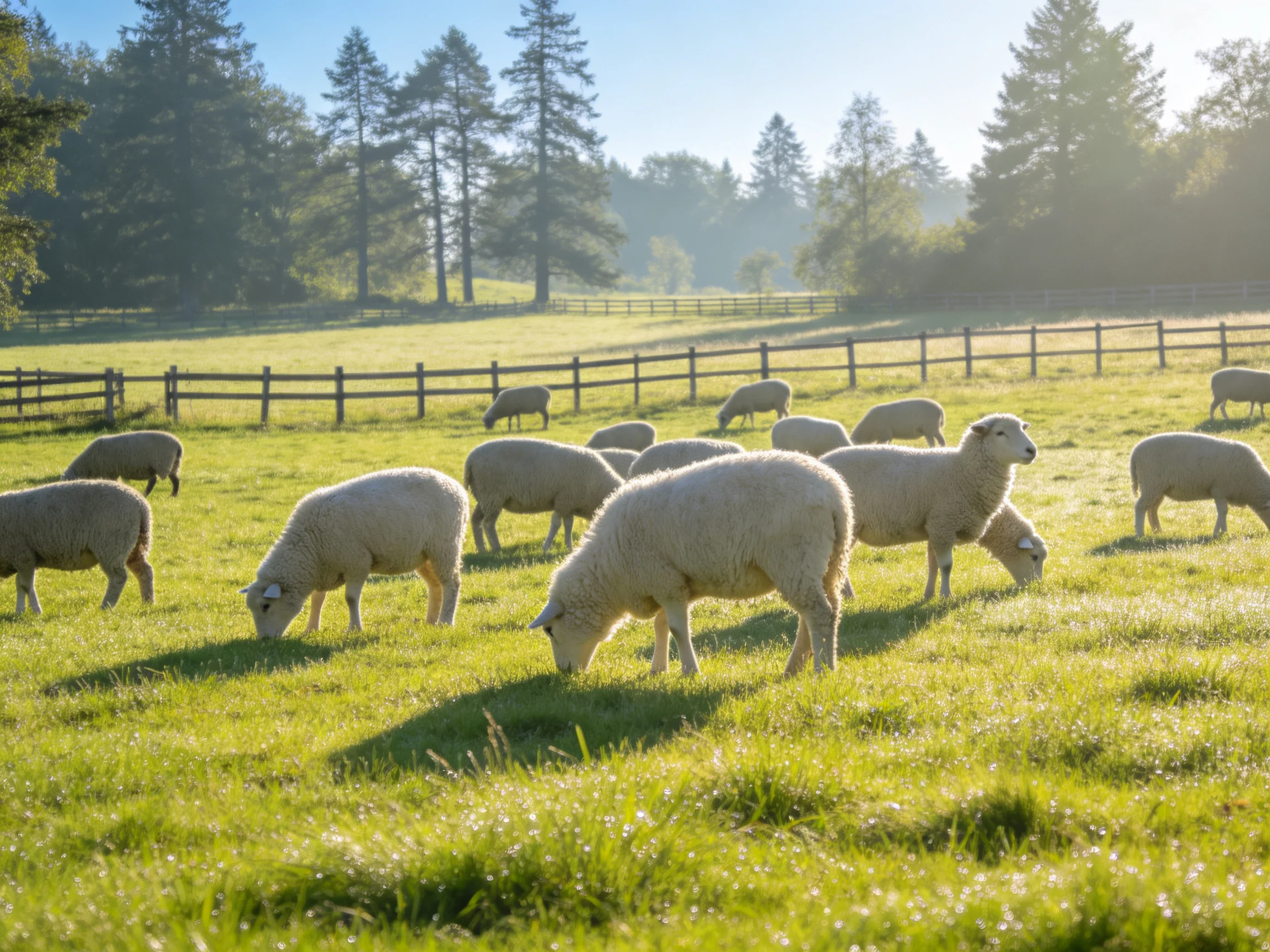 Sheep grazing in a sunlit green pasture with wooden fences