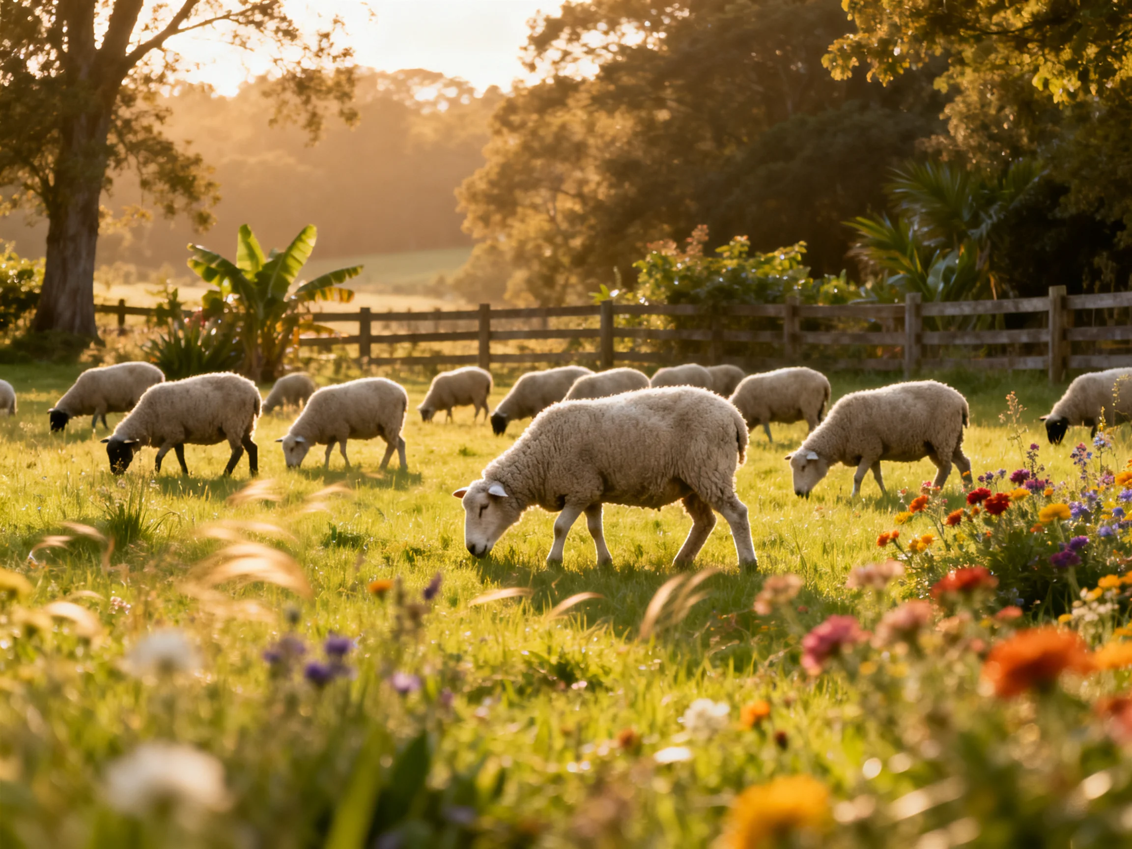 Sheep grazing in a sunlit meadow with colorful wildflowers