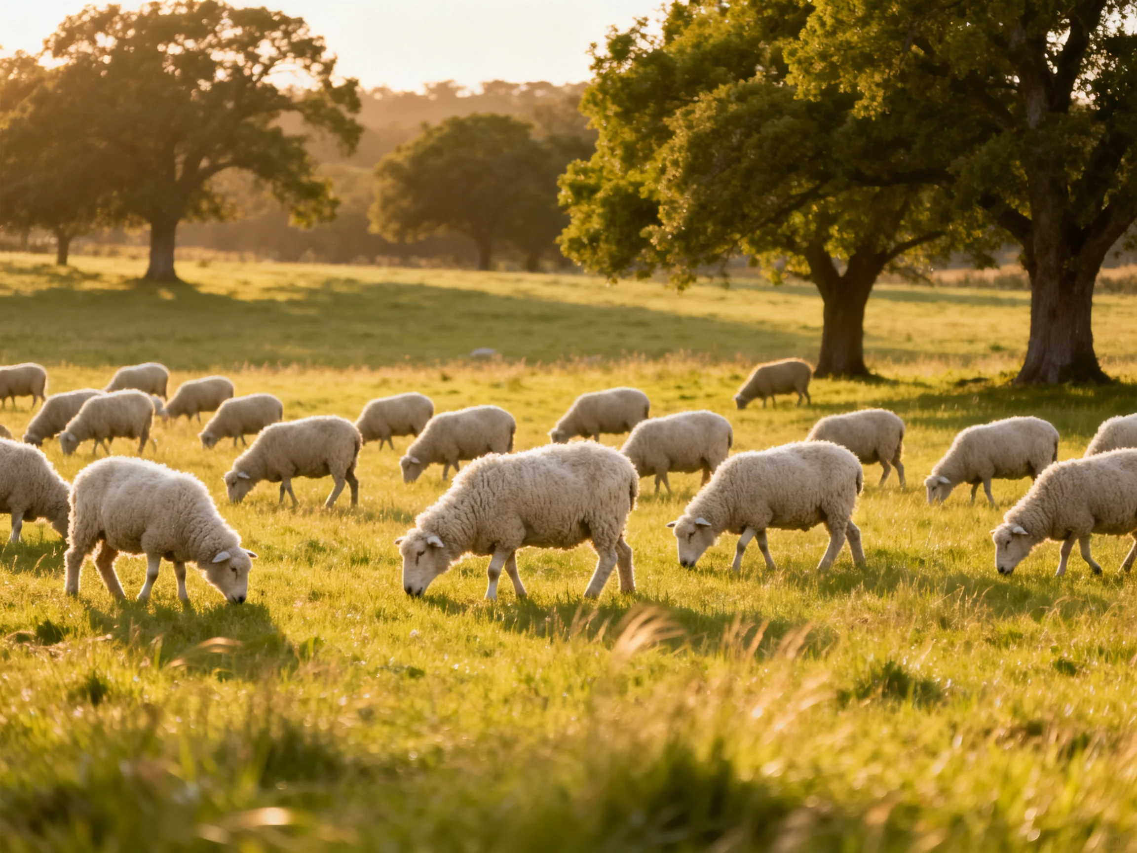 Sheep grazing in a sunlit meadow with large trees