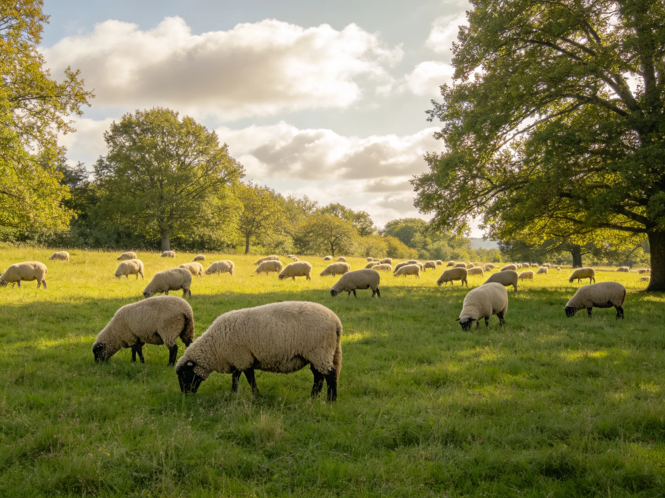 Sheep grazing in a sunlit meadow with large trees