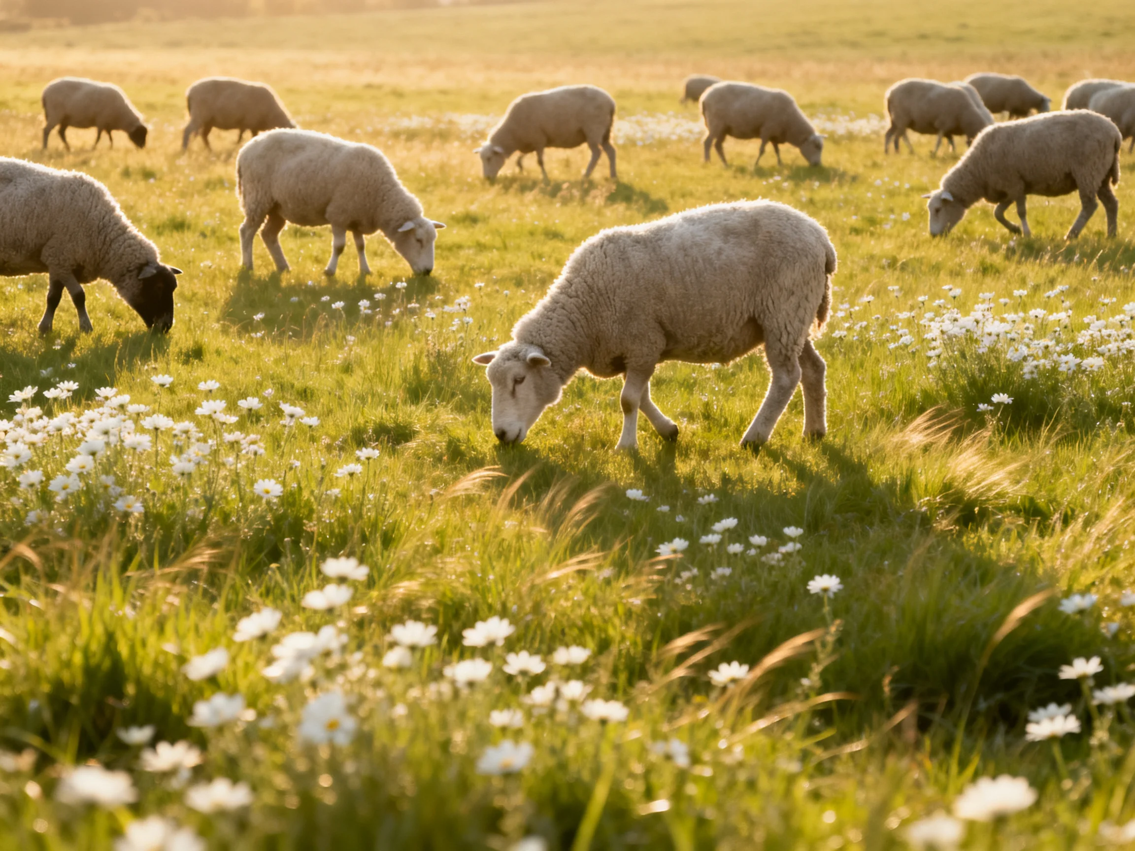 Sheep grazing in a sunlit meadow with white wildflowers