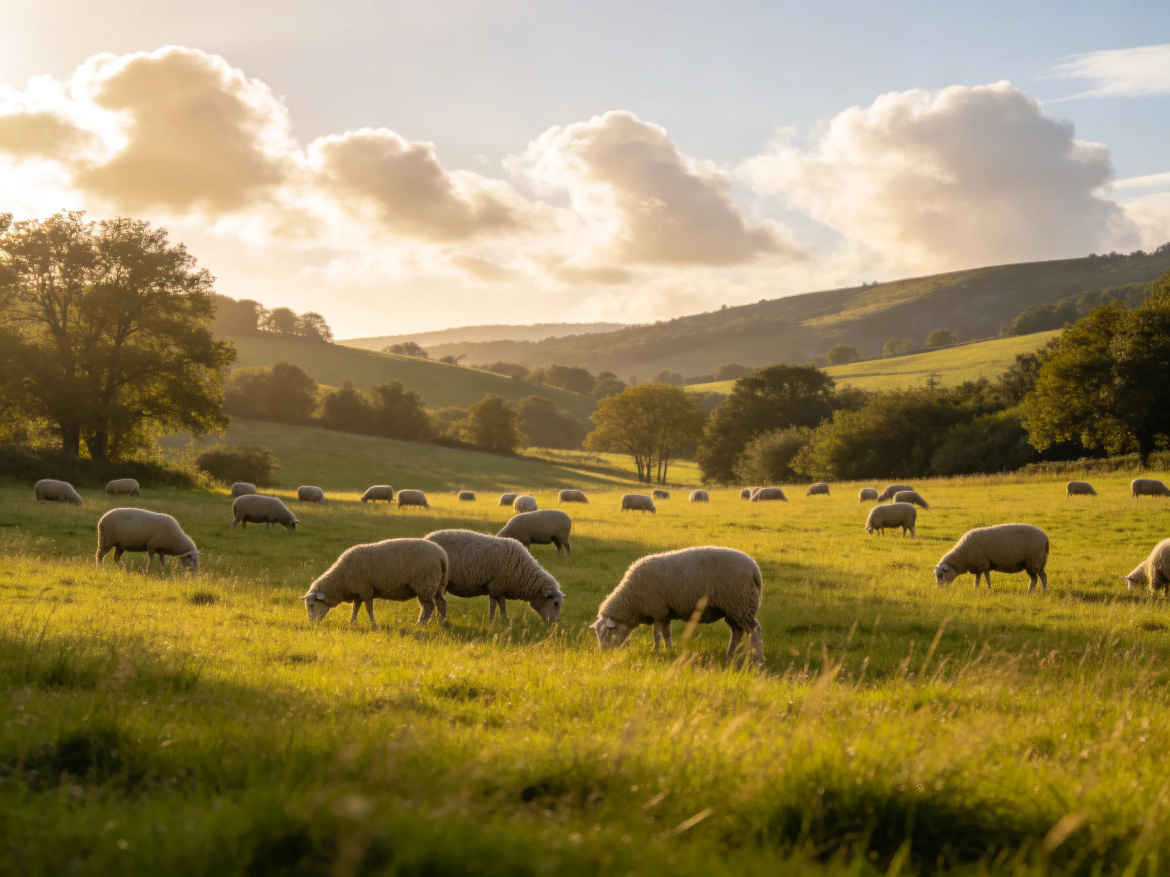 Sheep grazing in a sunlit rolling green meadow