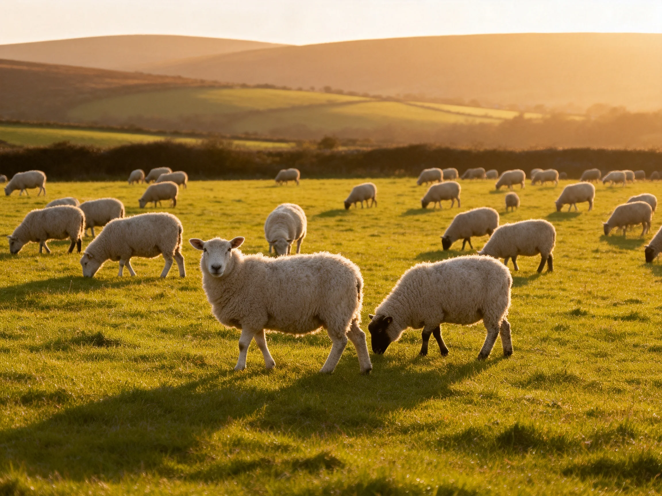 Sheep grazing in a sunlit rolling green pasture