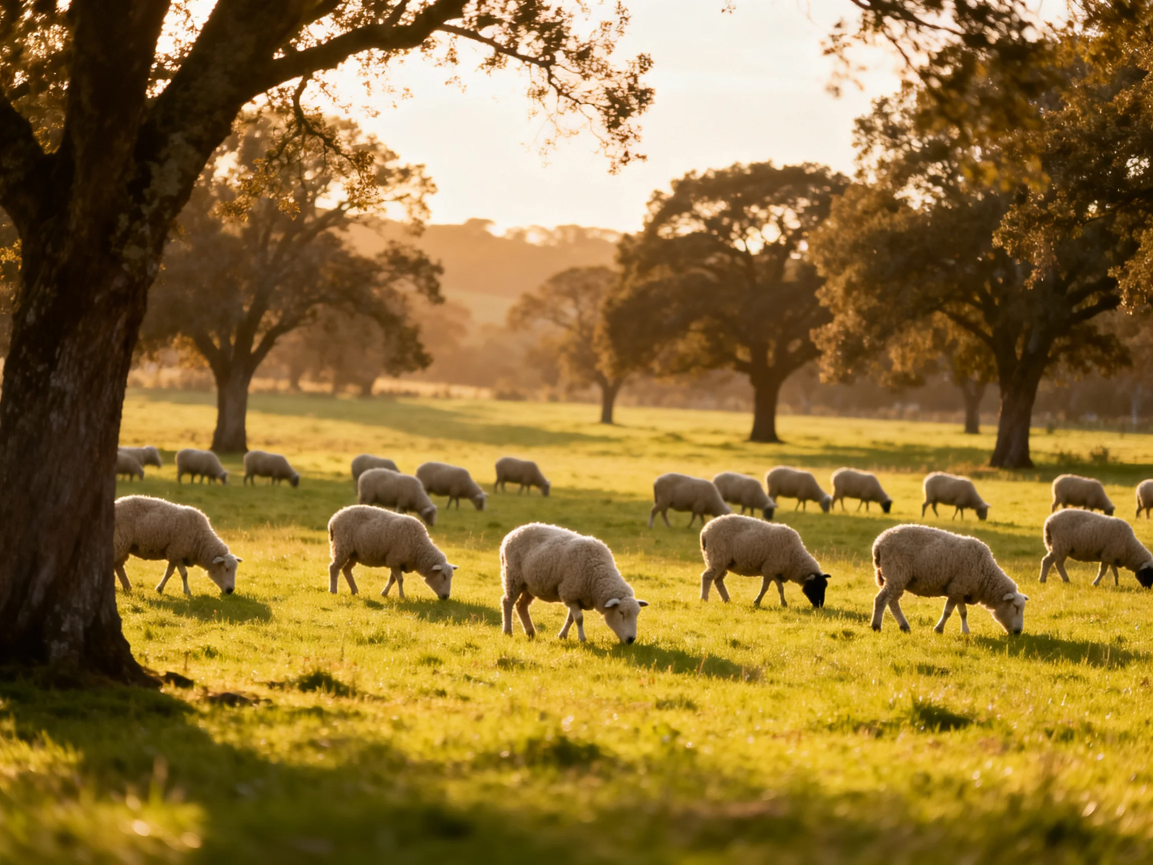 Sheep grazing in a sunlit, tree-dotted pastoral field