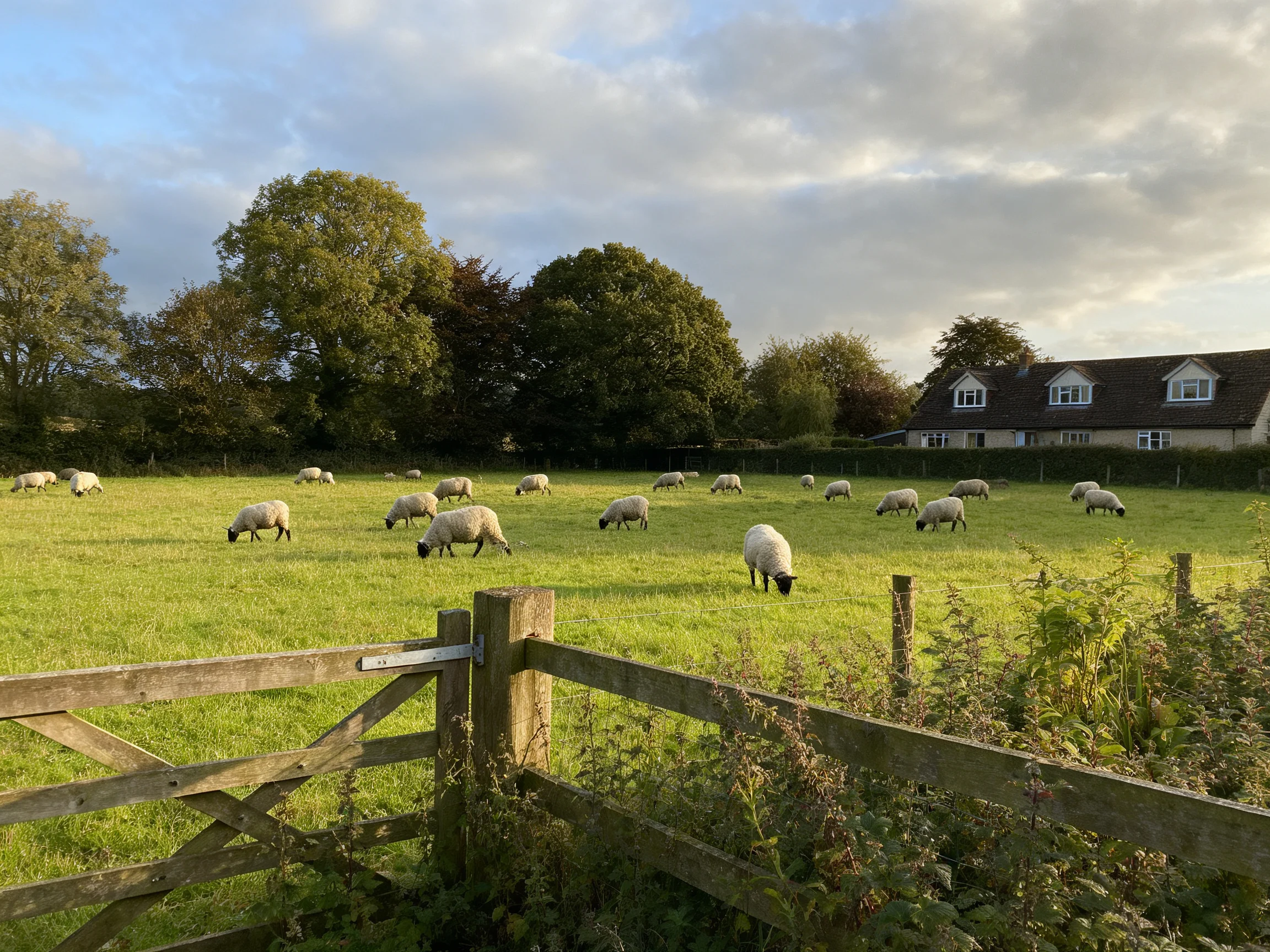 Sheep grazing in a sunny green pasture near a house