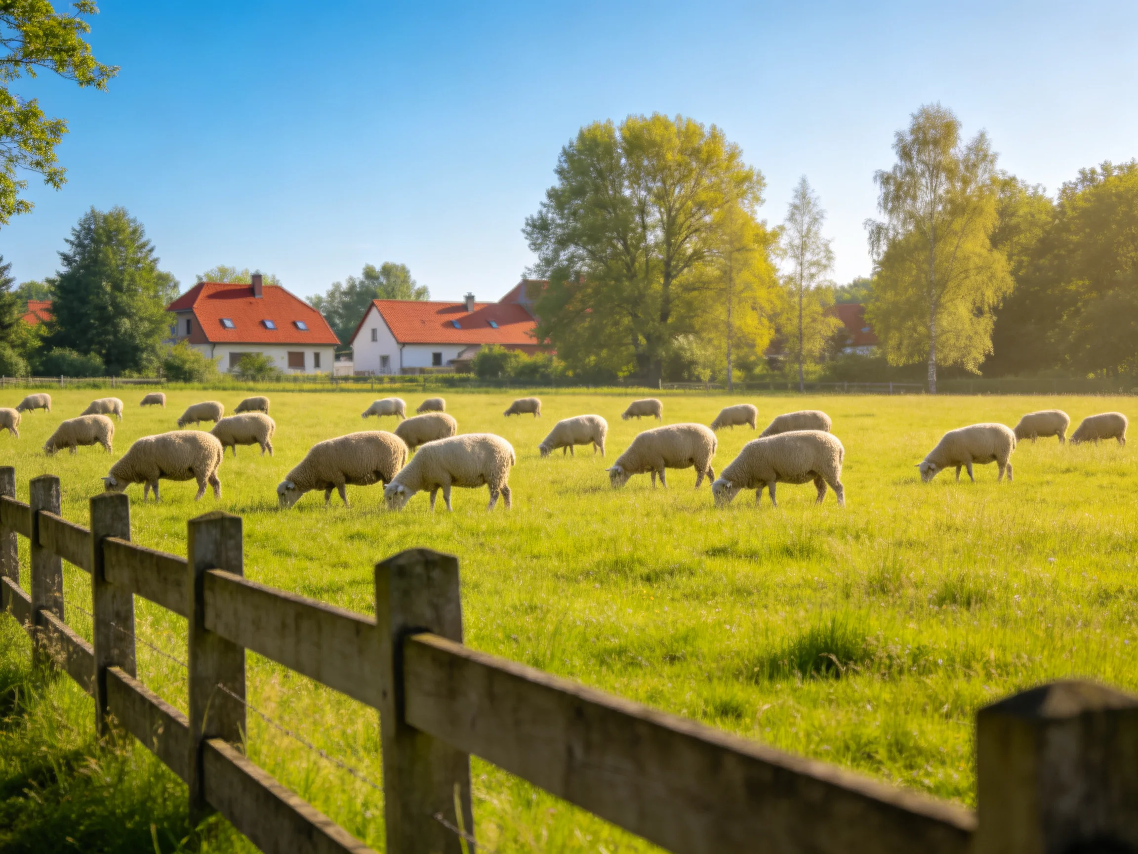 Sheep grazing in a sunny green pasture near red-roofed homes