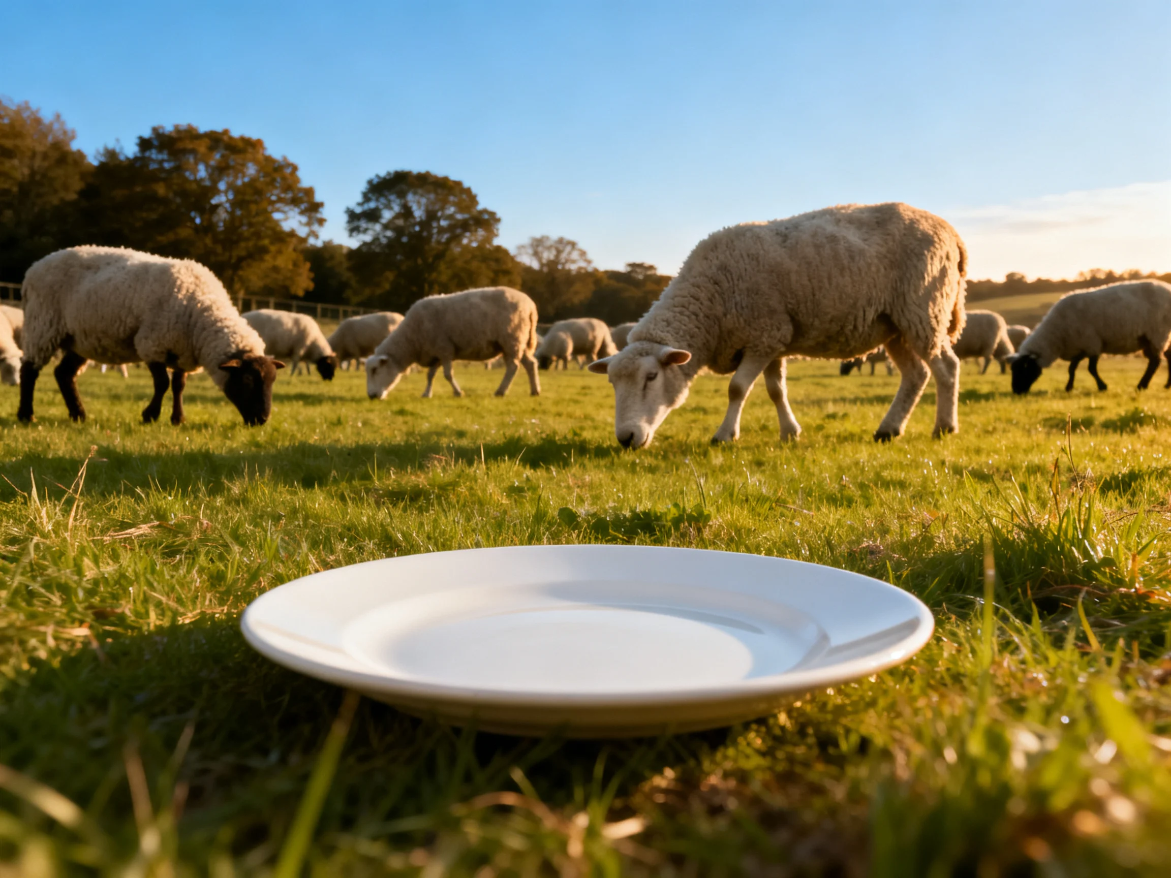 Sheep grazing in a sunny meadow with a white plate nearby