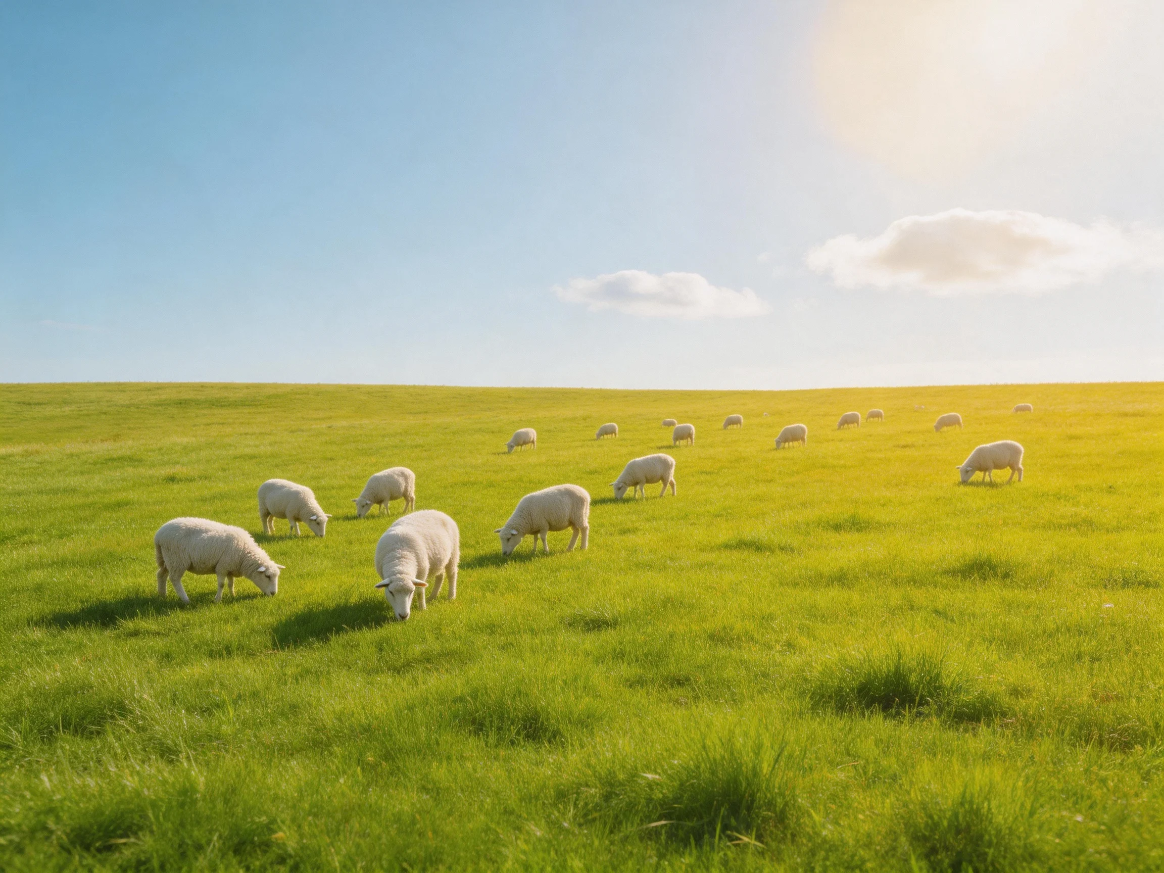 Sheep grazing in a vast green meadow under sunny skies