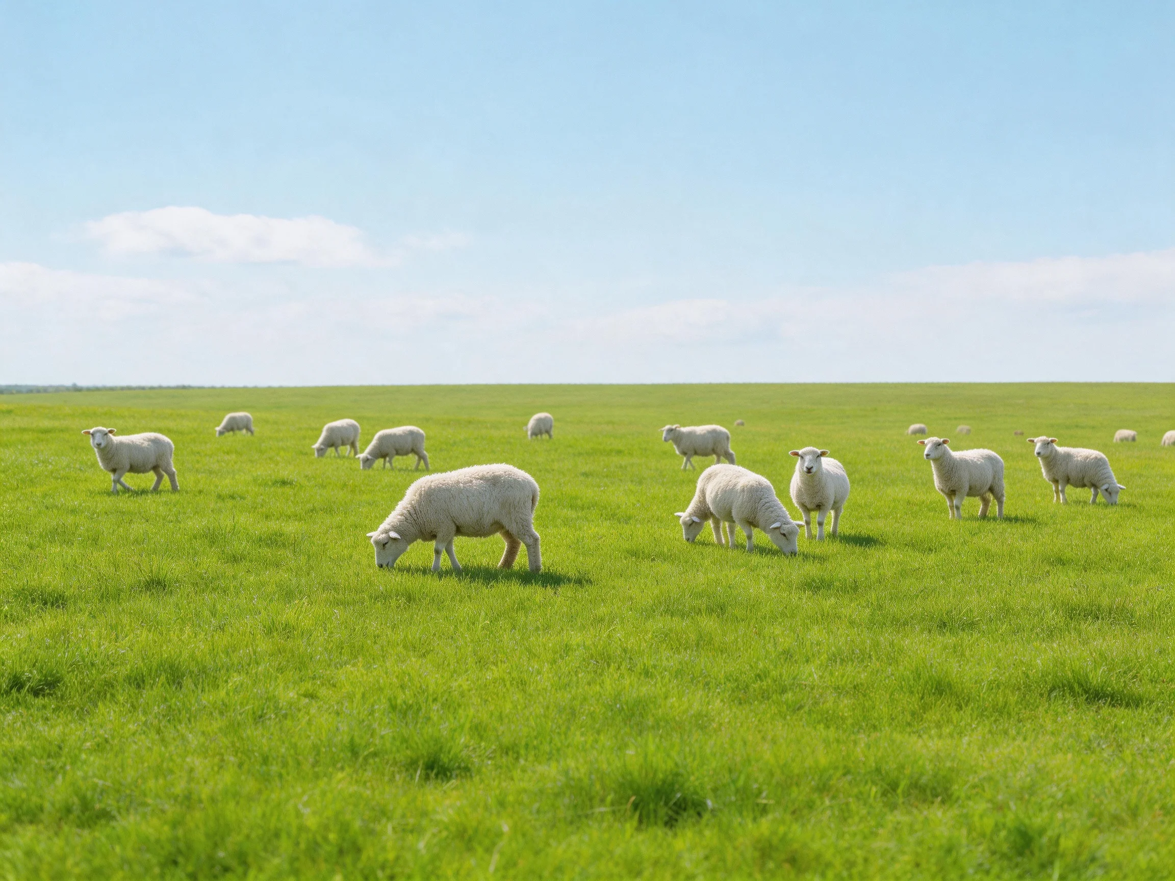 Sheep grazing in a vast green pasture under clear blue skies