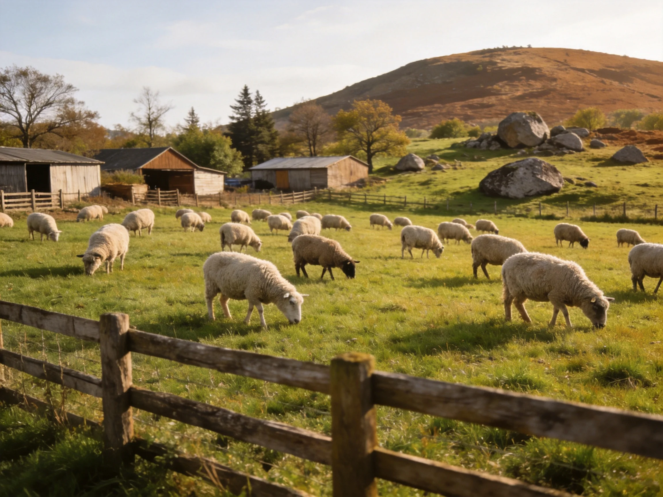 Sheep grazing in a verdant pasture near rustic barns