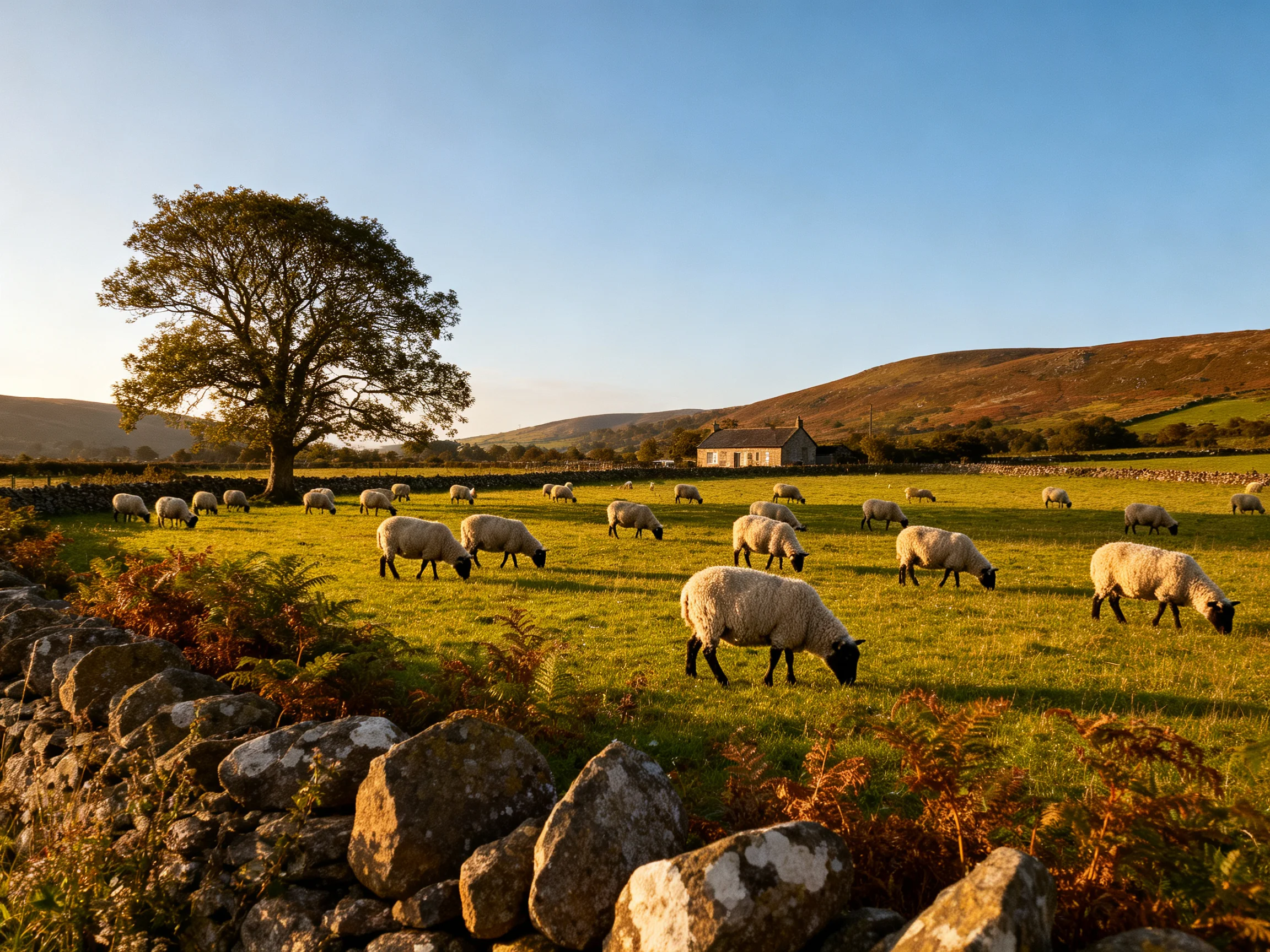 Sheep grazing in golden field near large oak tree and stone wall