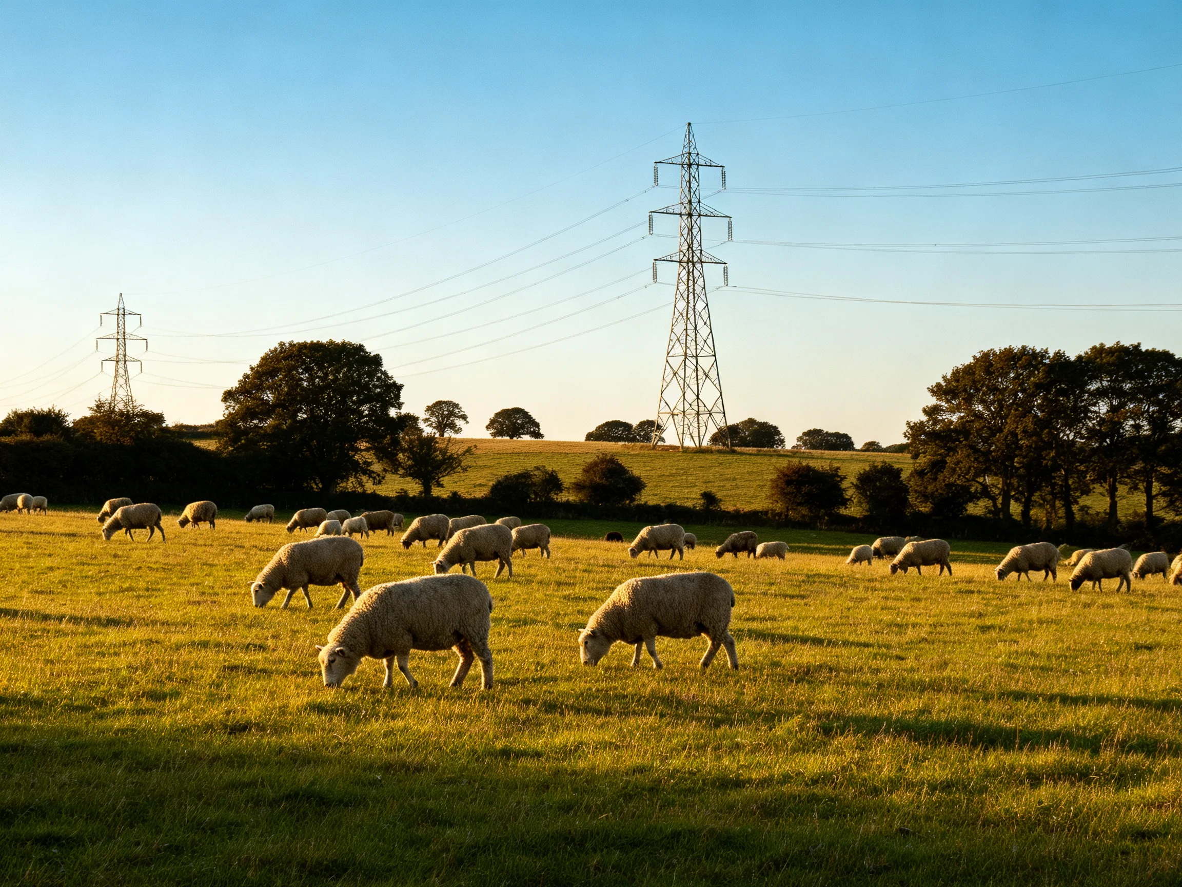 Sheep graze in a sunlit field with large electricity pylons in the distance.