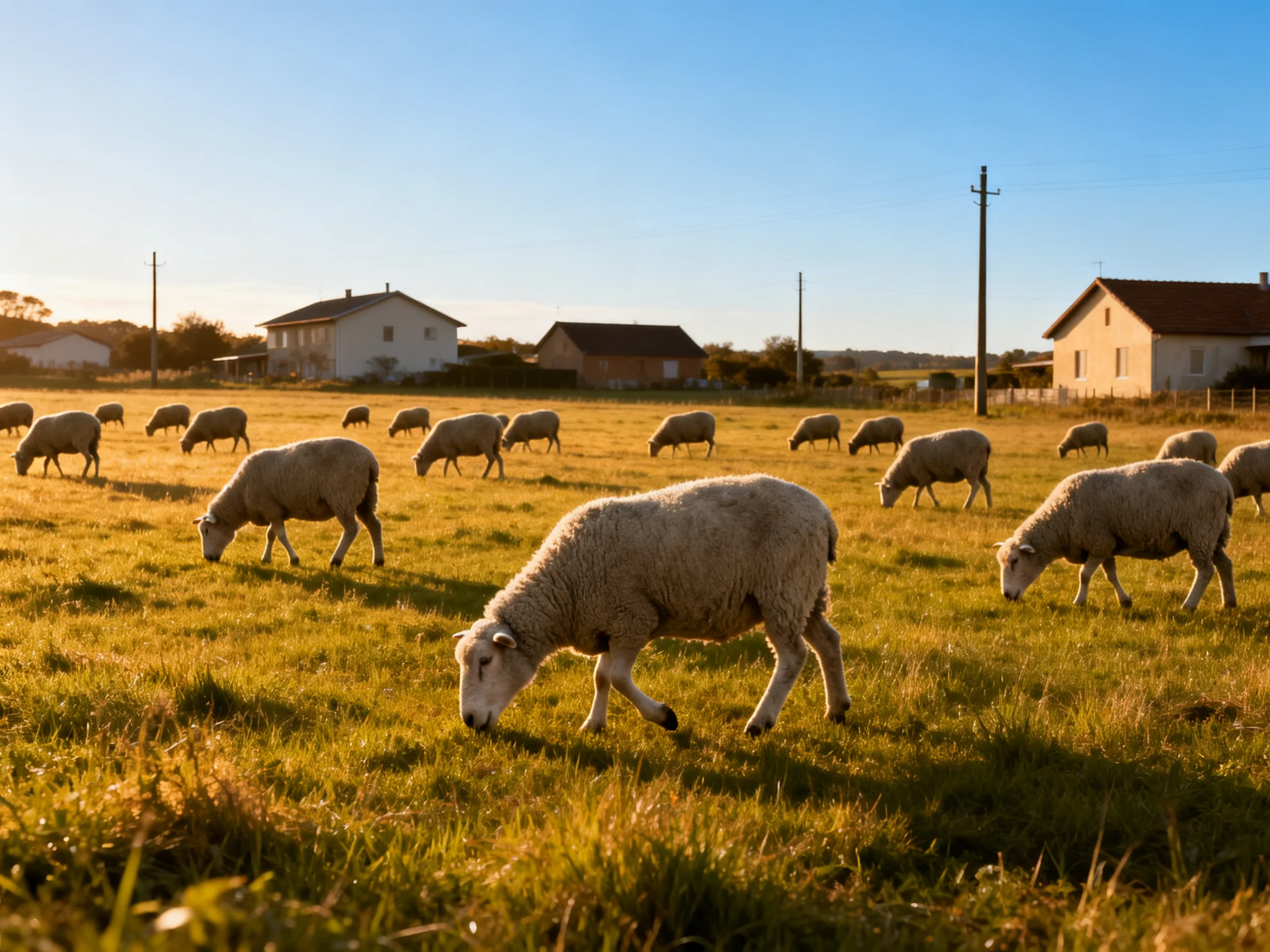 Sheep grazing in golden rural field near farmhouses