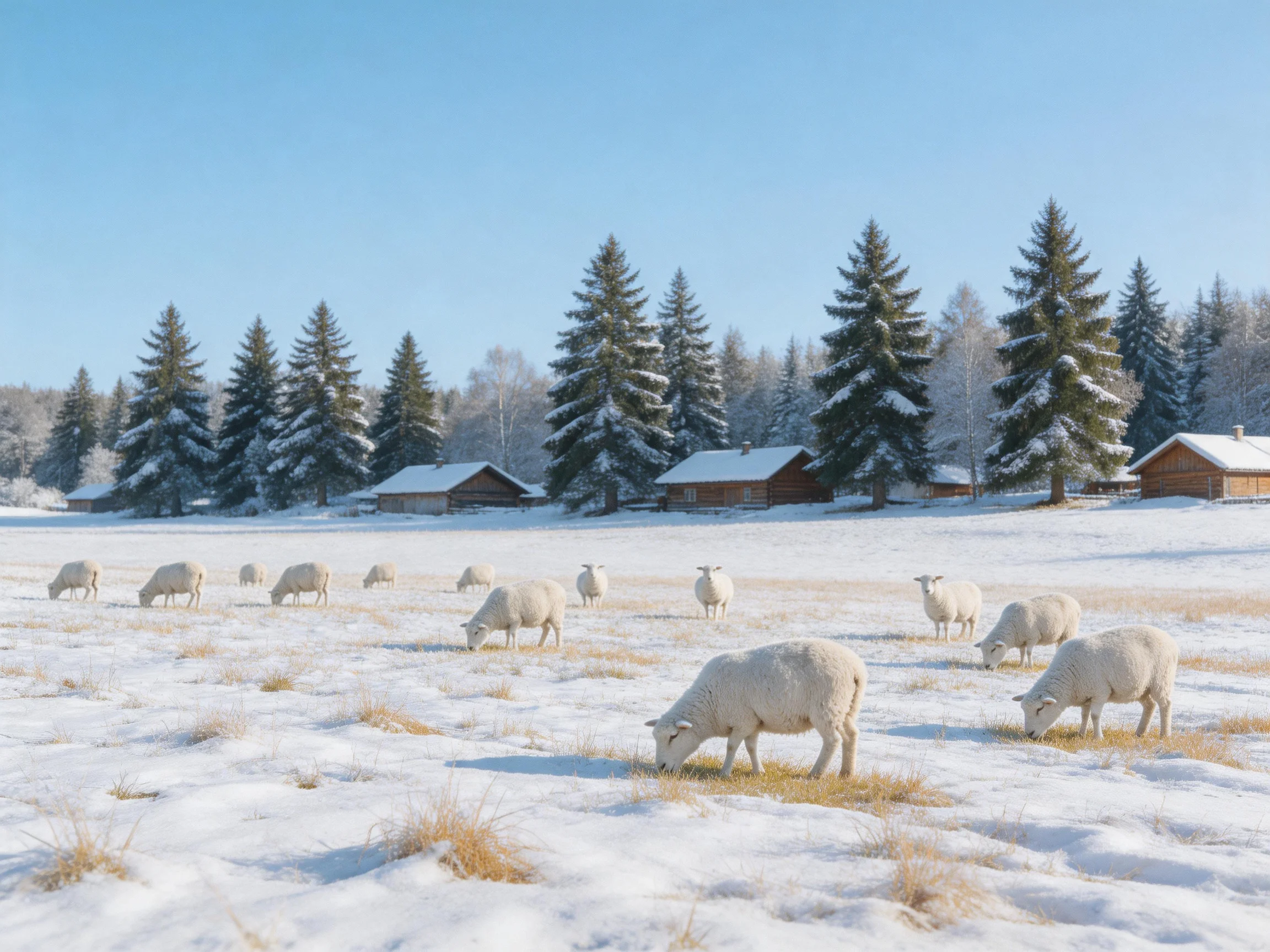 Sheep grazing in snowy field near pine cabins