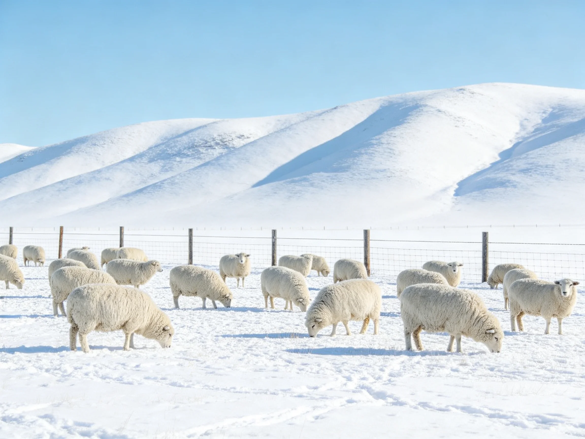 Sheep grazing in snowy field with white mountain backdrop