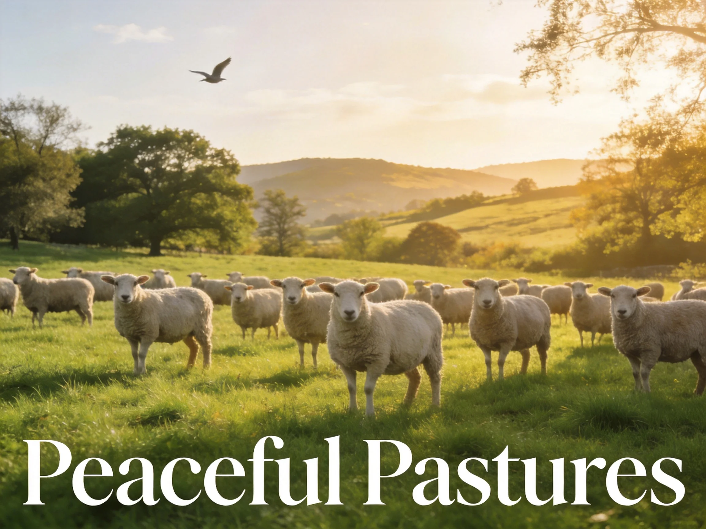 Sheep grazing in sunlit green pastures with rolling hills and trees