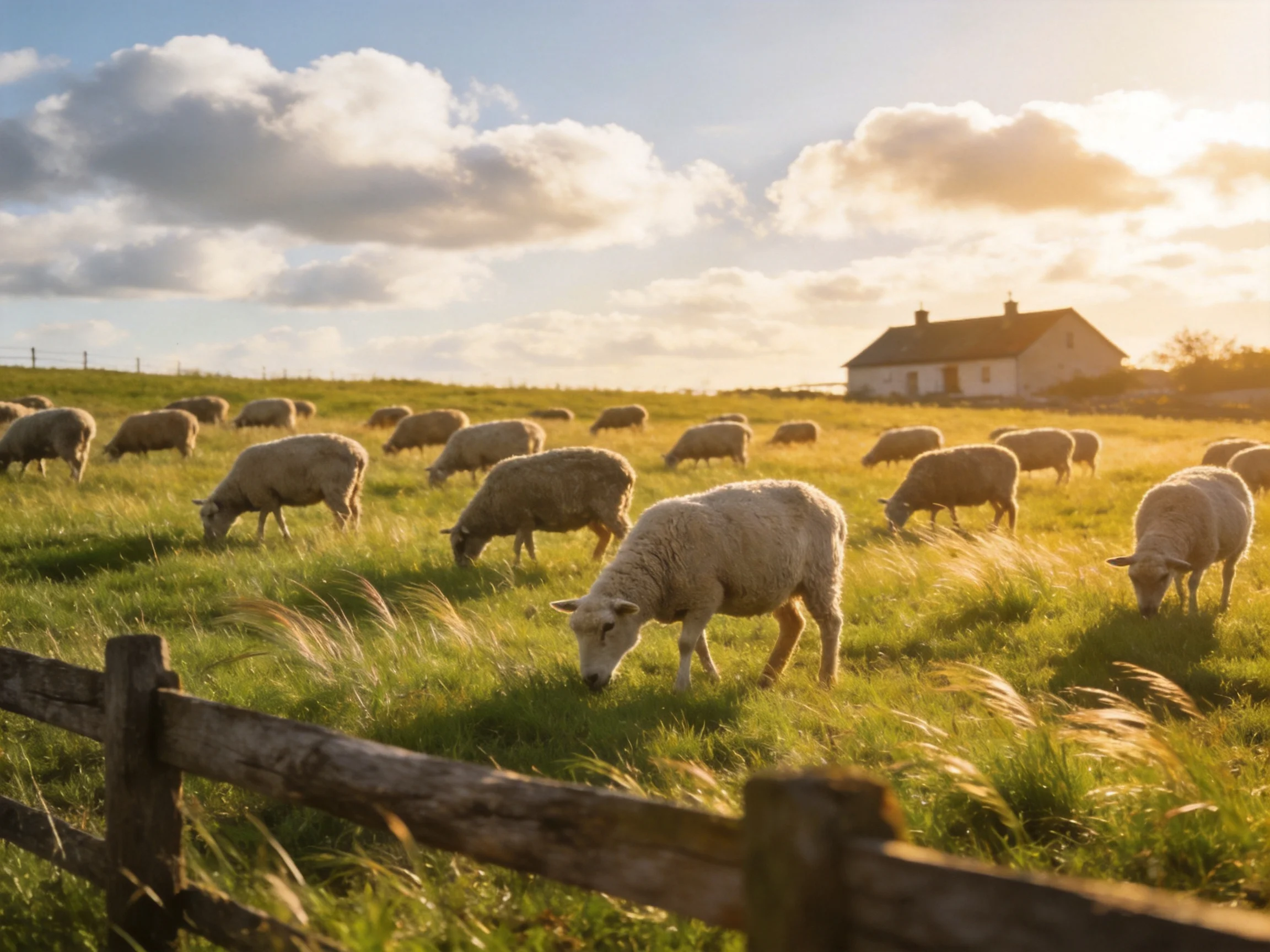 Sheep grazing in sunlit meadow near rustic farmhouse