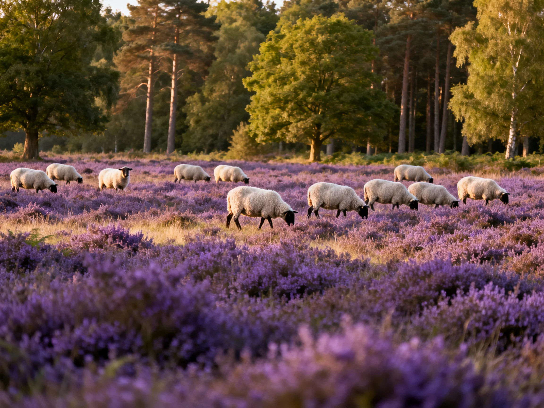 Sheep grazing in vibrant purple heather near tall green trees
