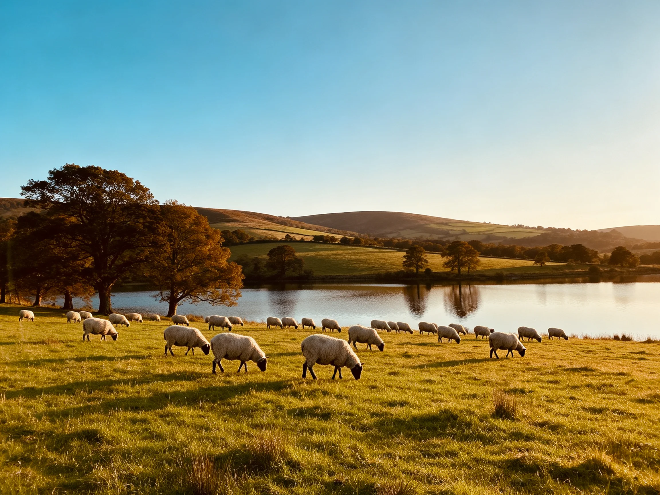 Sheep grazing near a calm lake with rolling hills and golden light