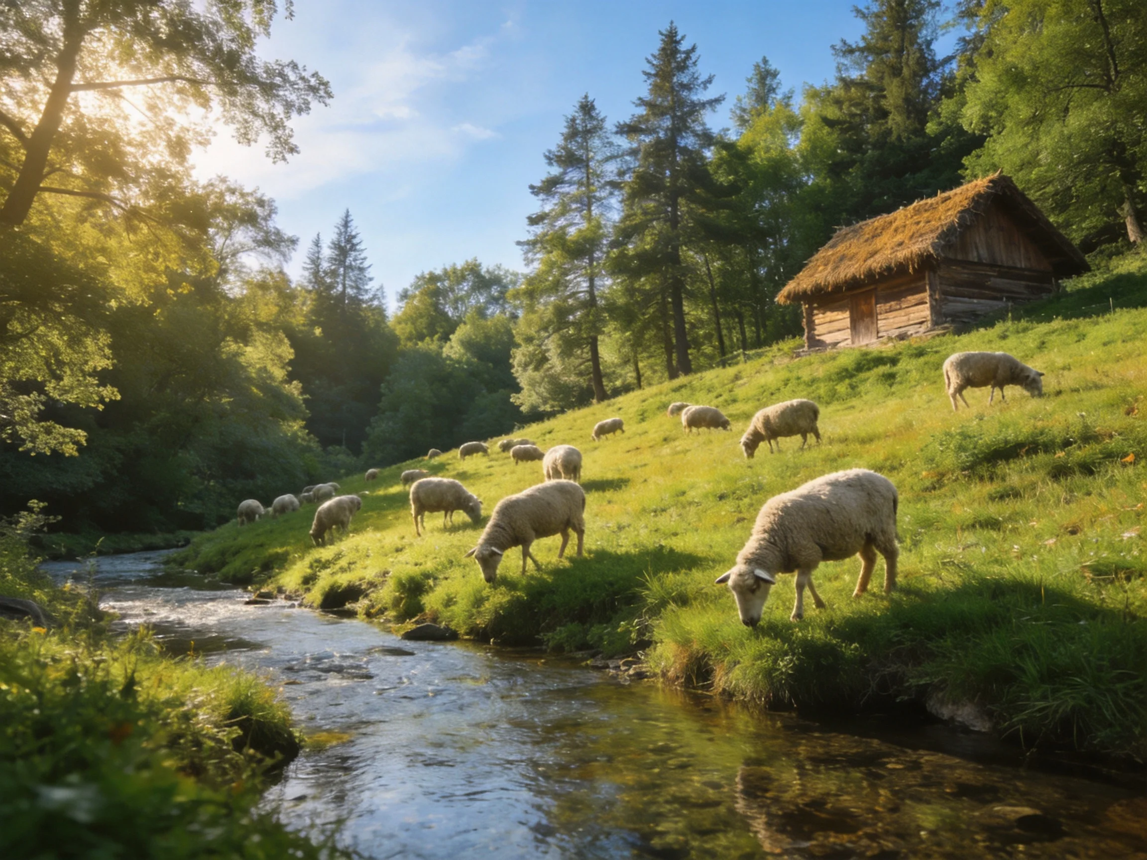 Sheep grazing near a stream beside a rustic wooden cabin on a sunny day