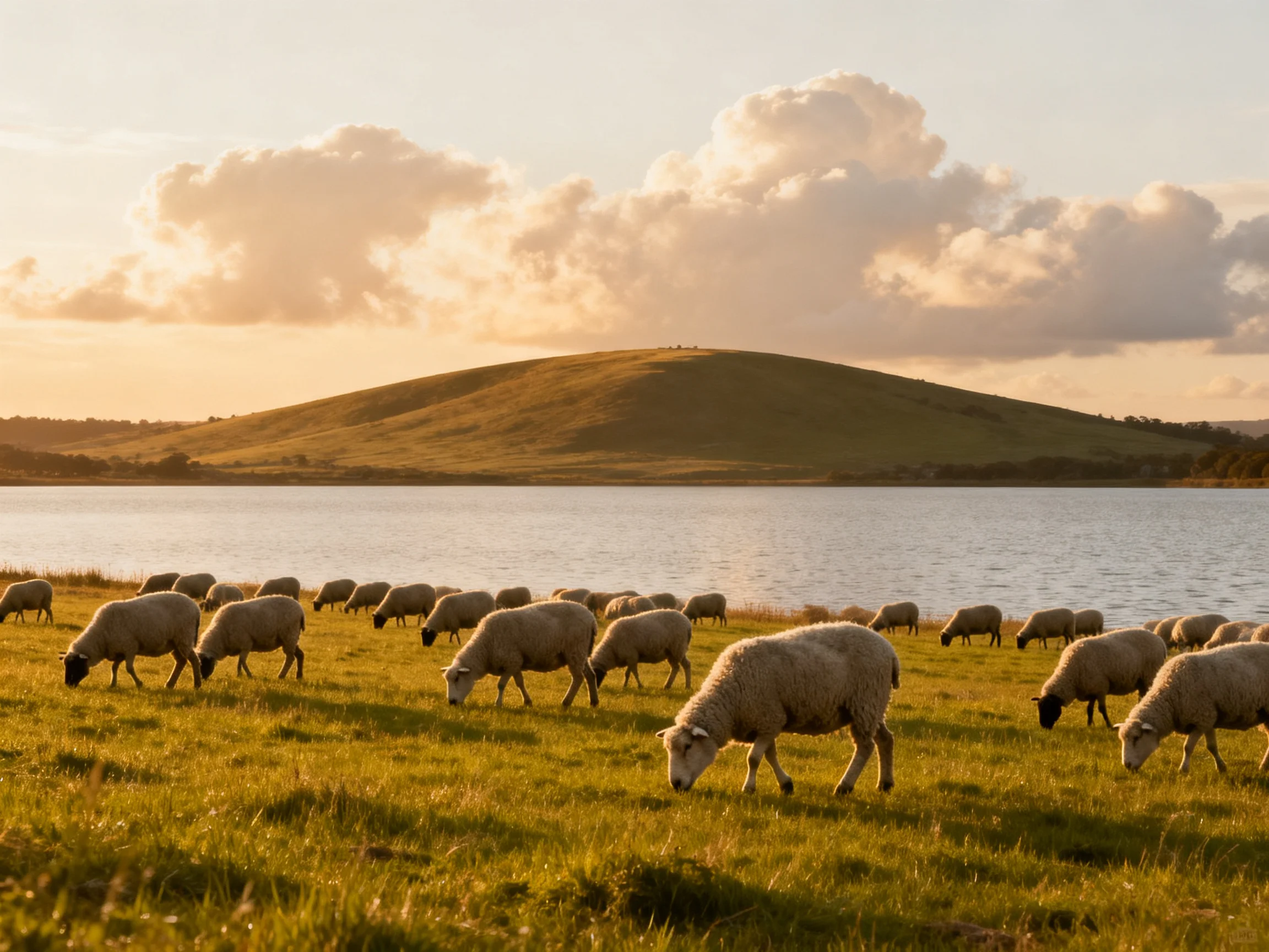 Sheep grazing near a tranquil lake with a golden hill
