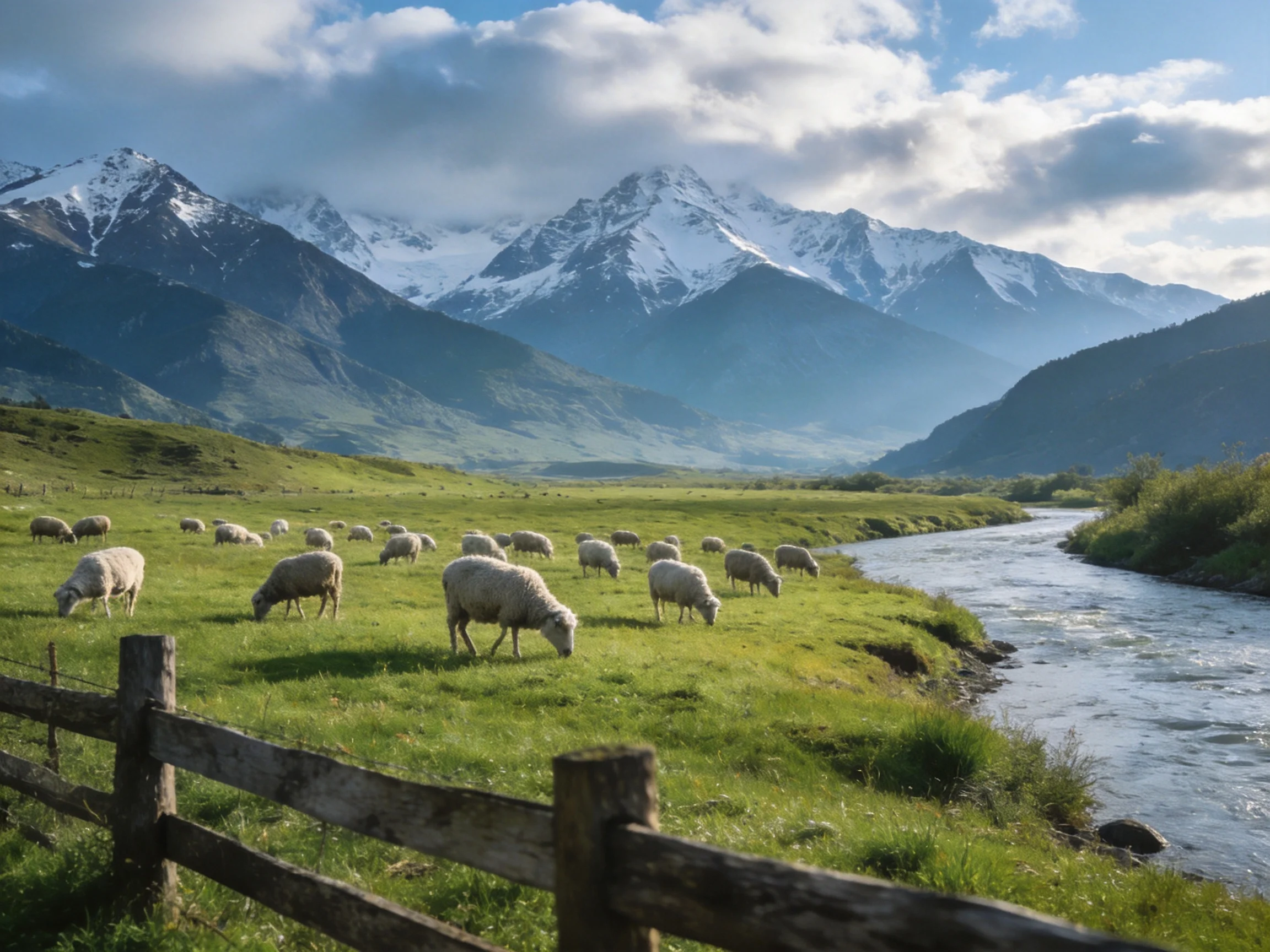 Sheep grazing near a winding river with snow-capped mountains