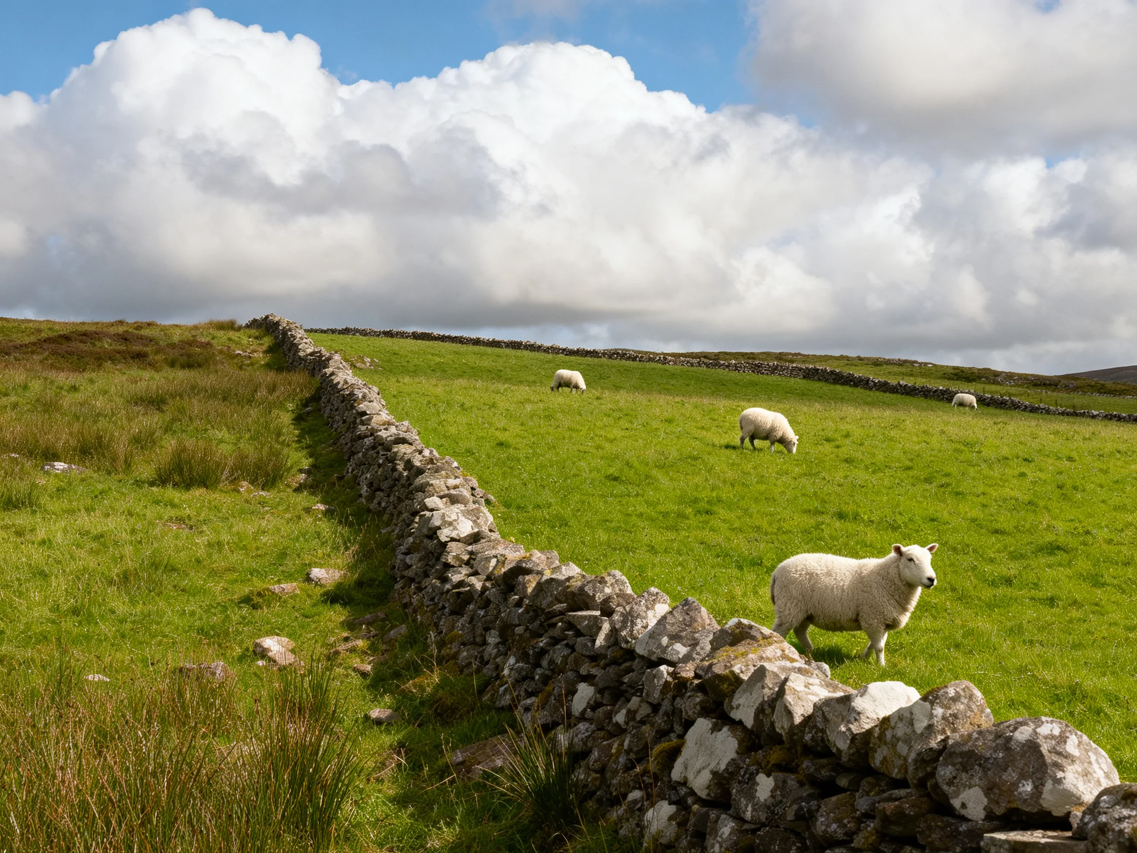 Sheep grazing near ancient stone walls in vibrant green meadows under cloudy skies