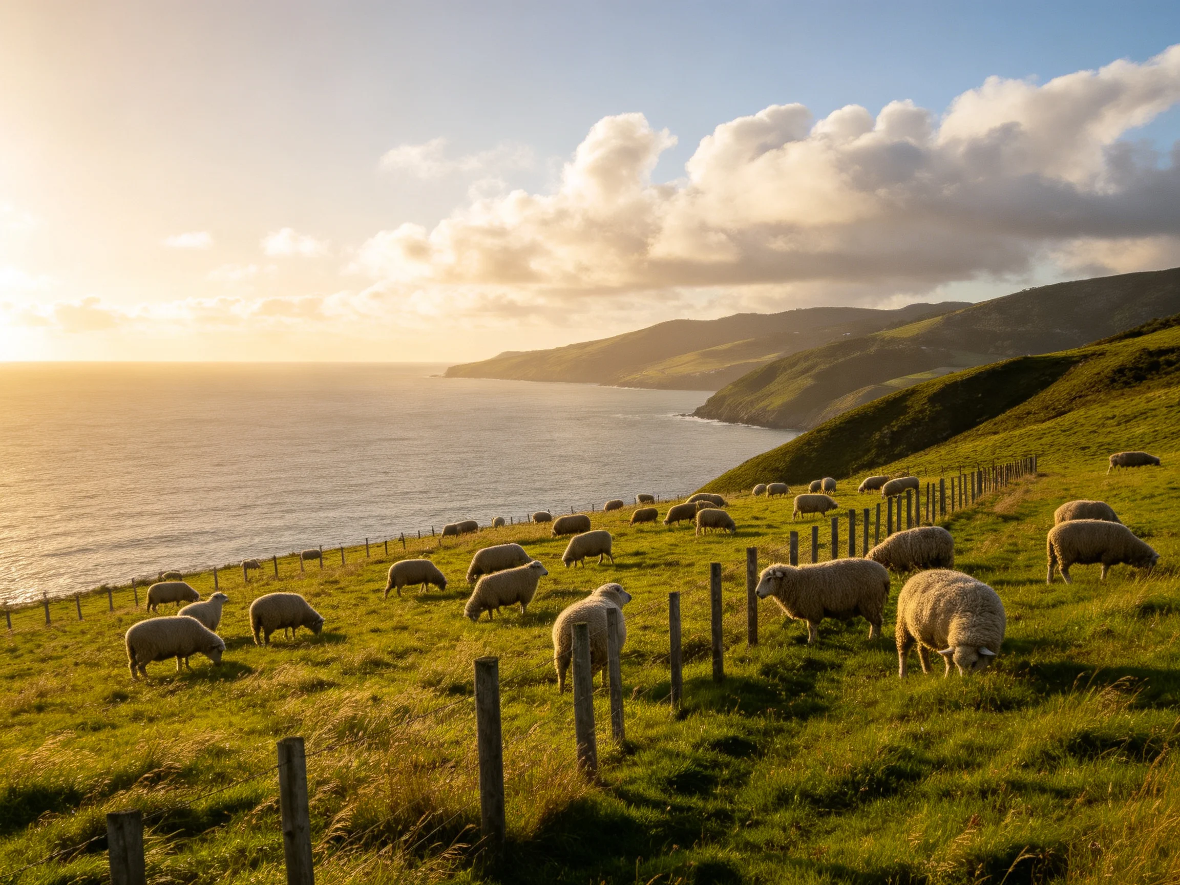 Sheep grazing near coast with rolling green hills and golden sunset