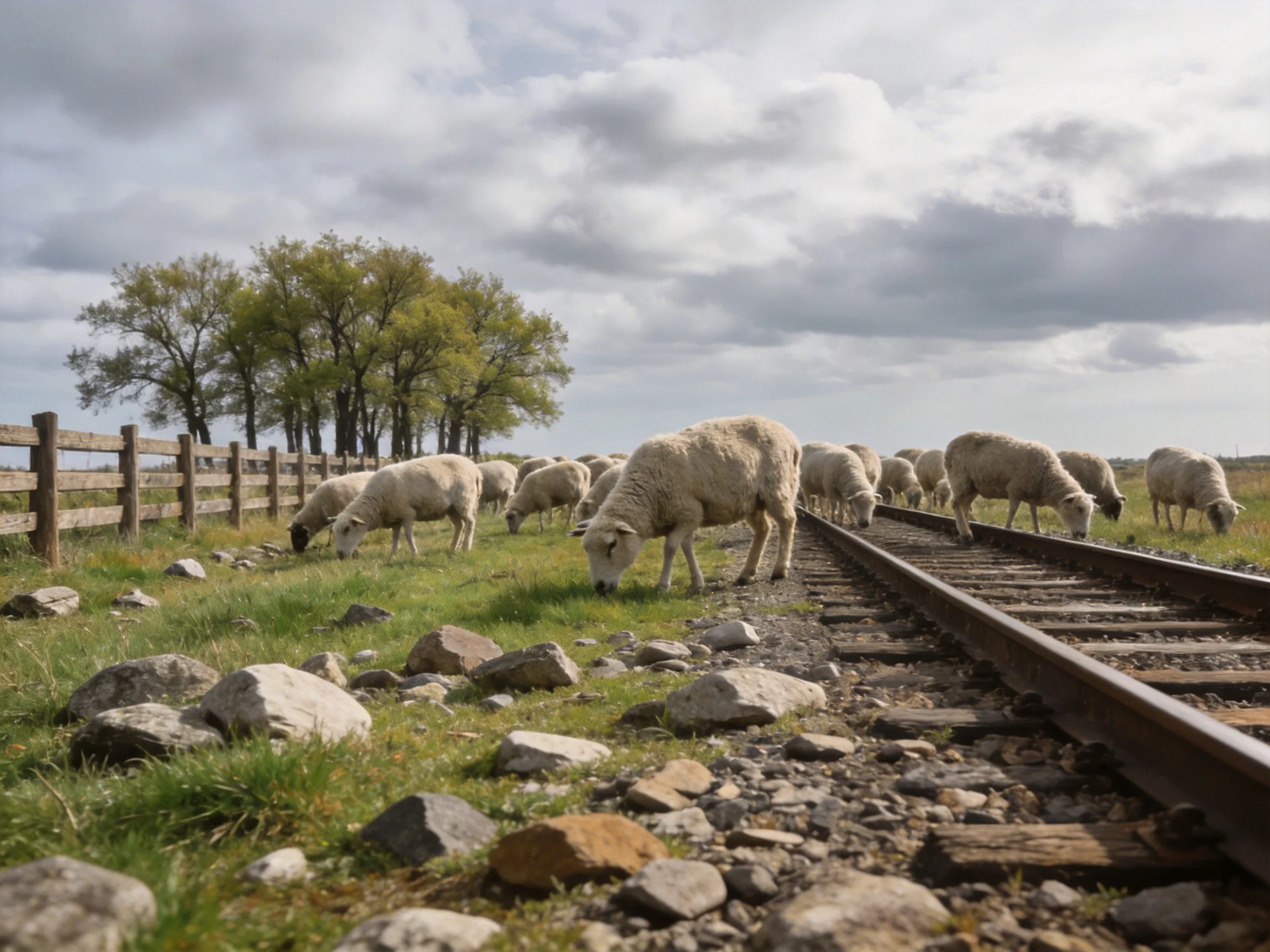 Sheep grazing near railroad tracks by wooden fence and trees
