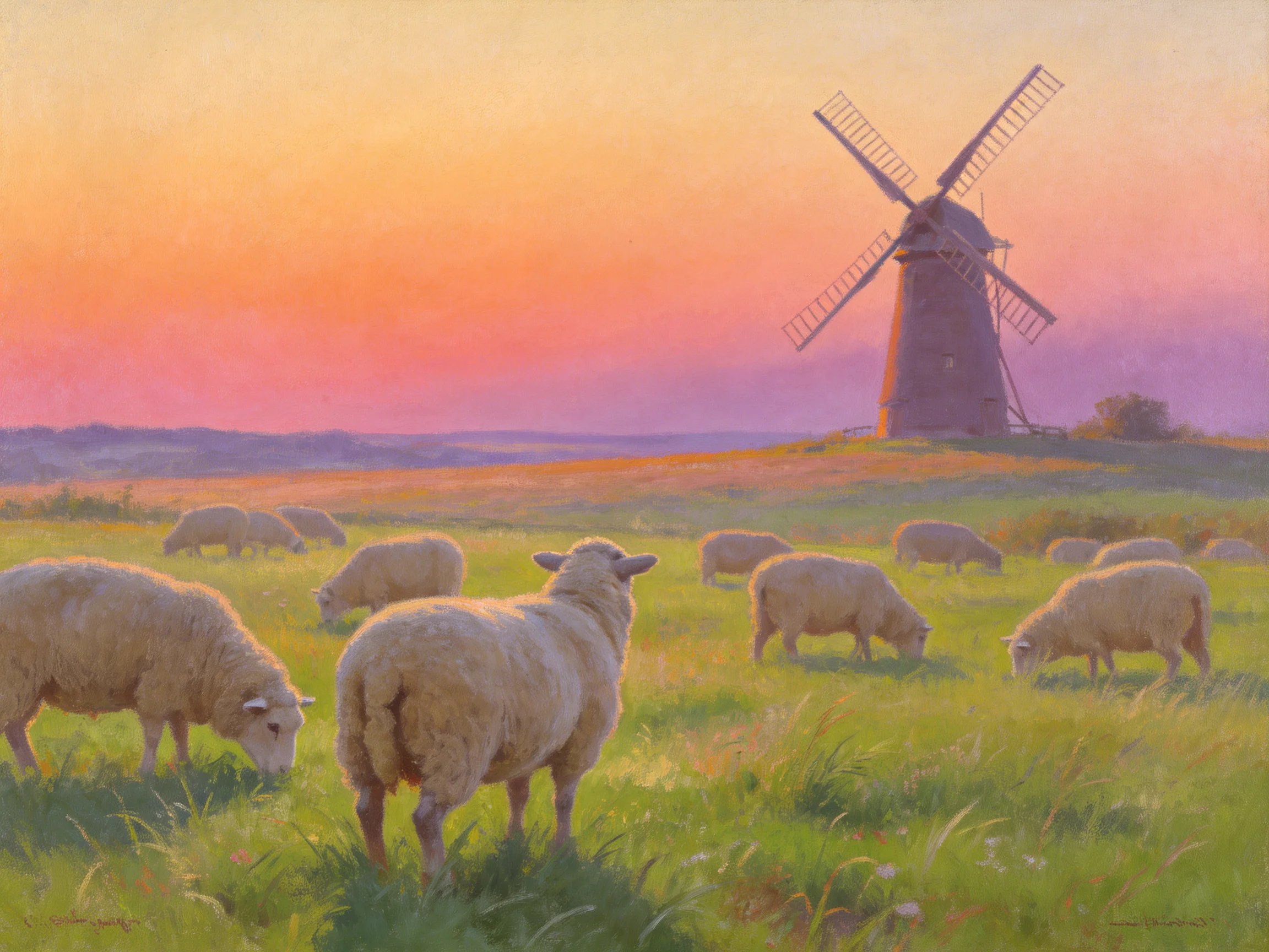 Sheep grazing near traditional windmill under colorful sunset sky