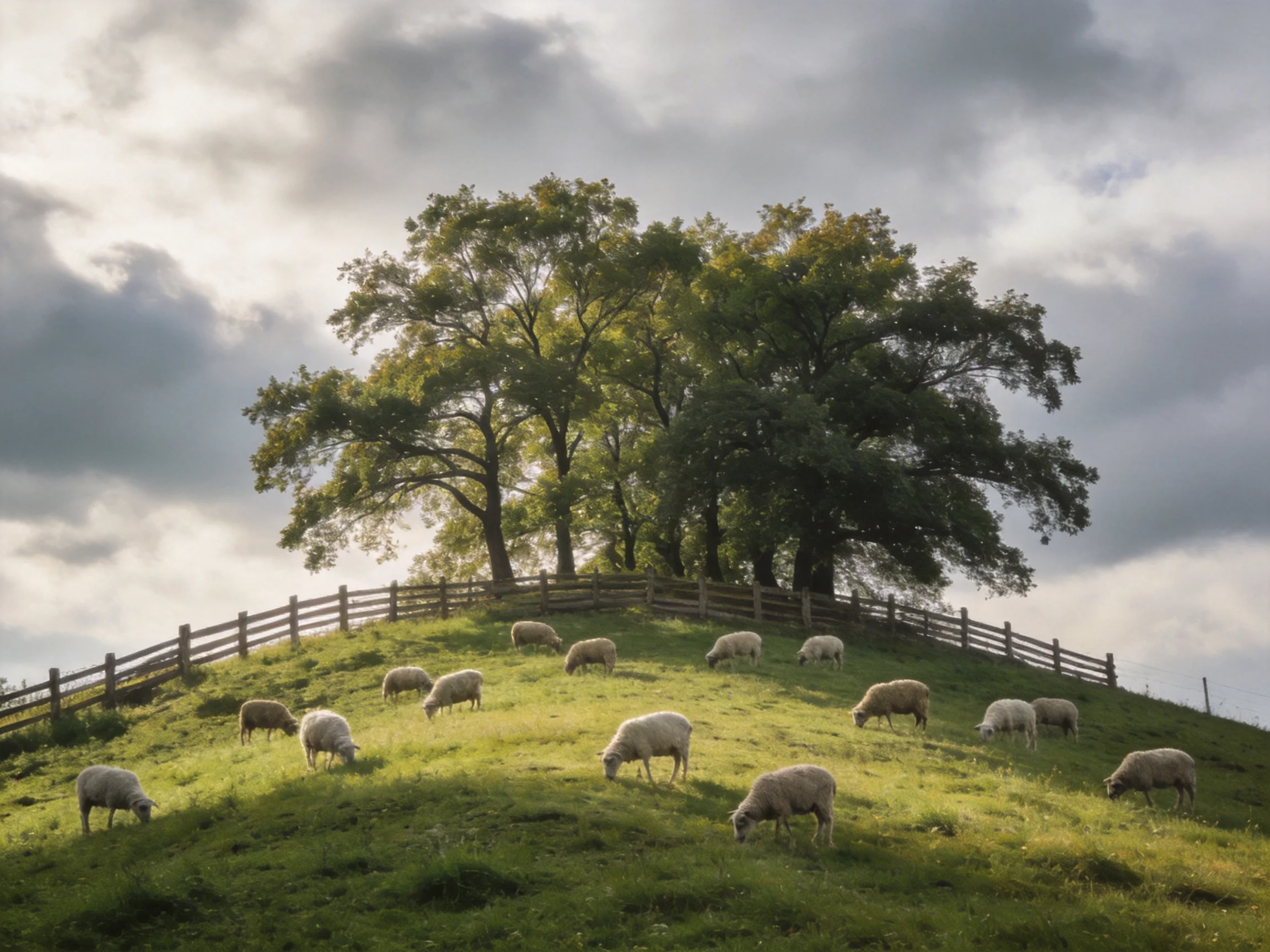 Sheep grazing on a grassy hill near large trees and wooden fence