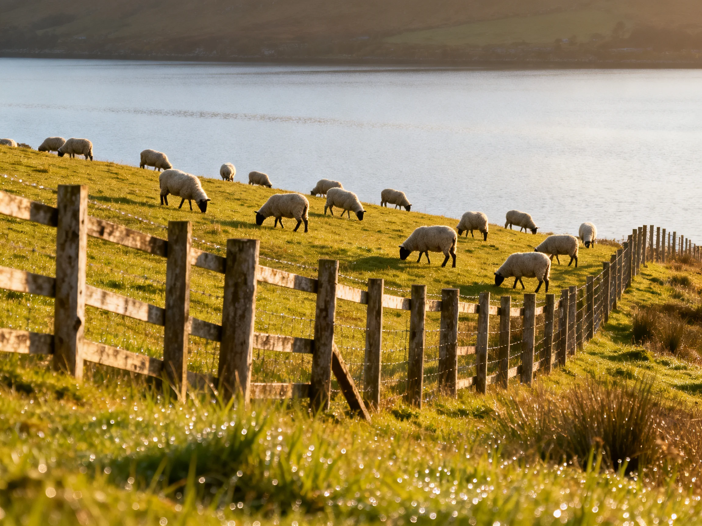 Sheep grazing on a grassy hillside by a calm lake