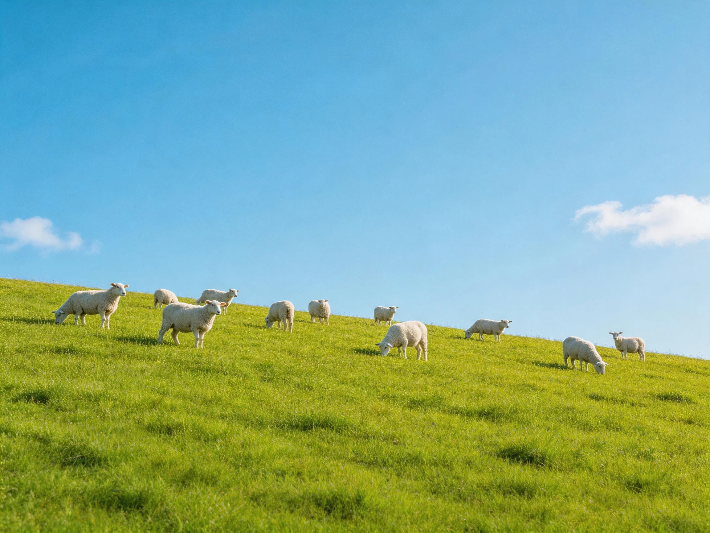 Sheep grazing on a lush green hillside beneath clear blue skies